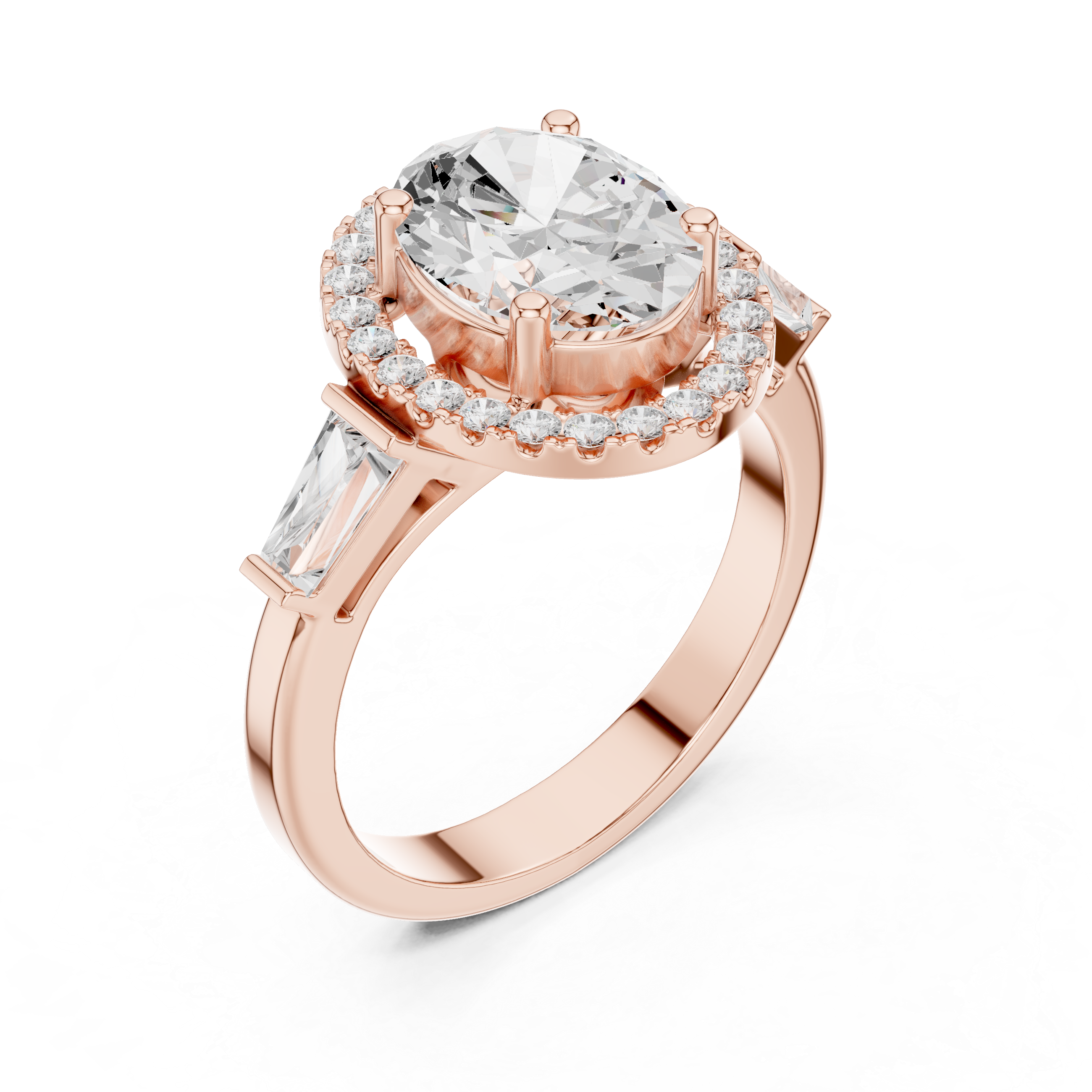 Oval Cut Diamond Halo Ring With Tapper Baguette