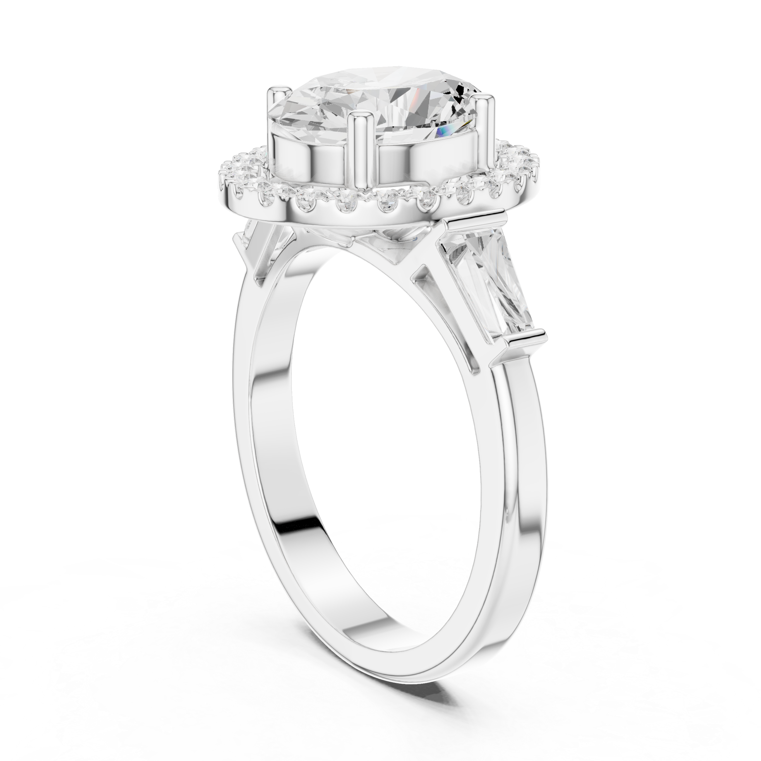 Oval Cut Diamond Halo Ring With Tapper Baguette
