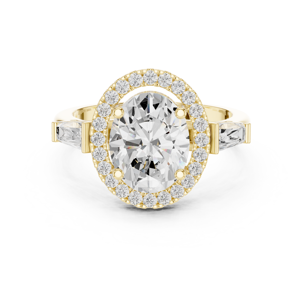 Oval Cut Diamond Halo Ring With Tapper Baguette