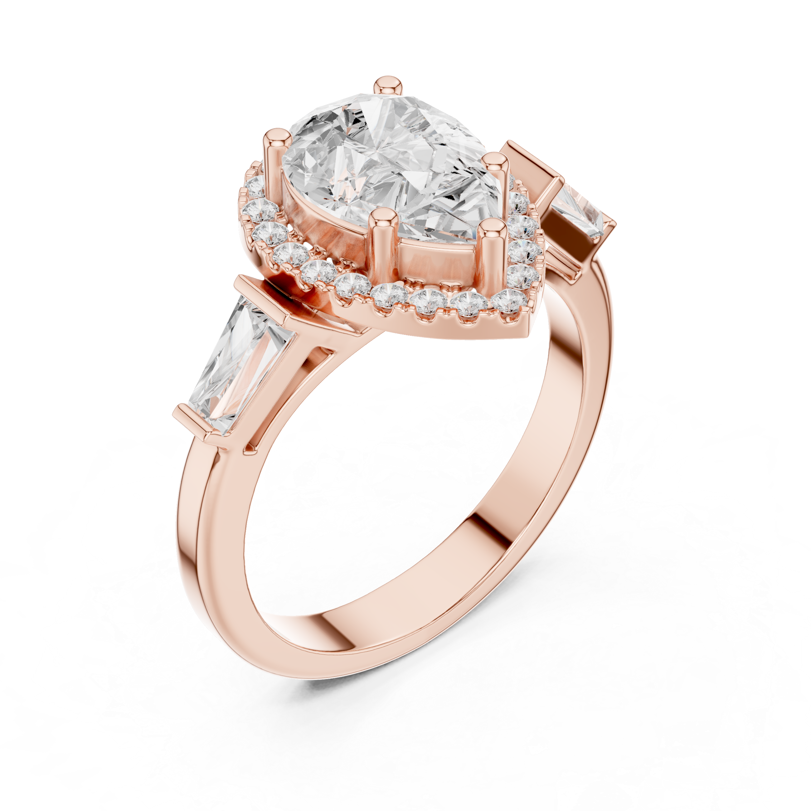 Pear Cut Diamond Halo Ring With Tapper Baguette