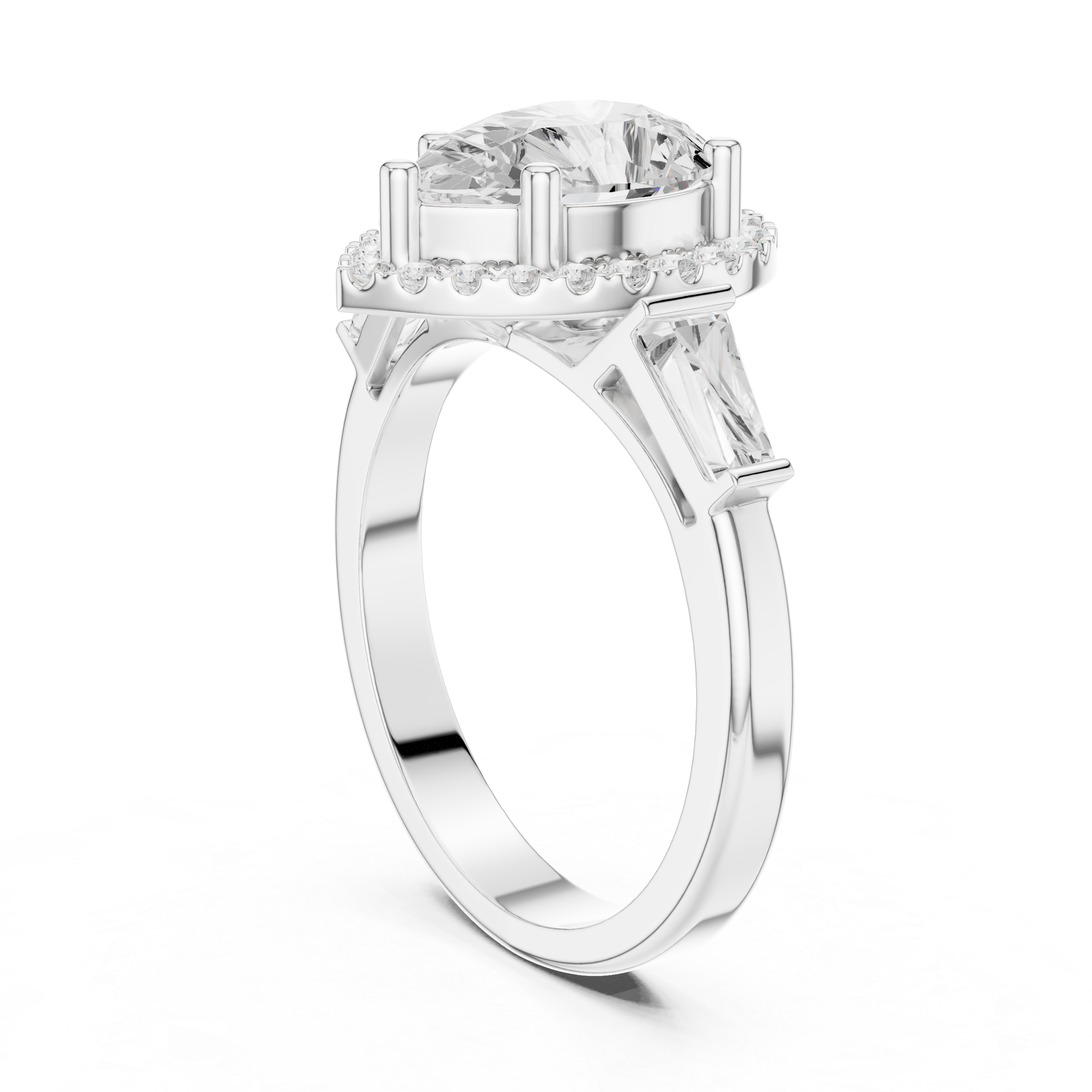Pear Cut Diamond Halo Ring With Tapper Baguette