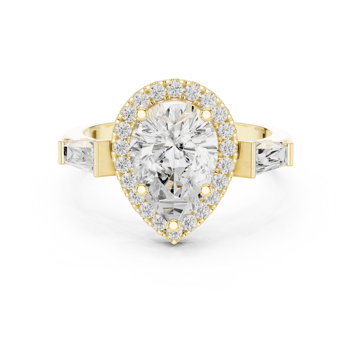 Pear Cut Diamond Halo Ring With Tapper Baguette