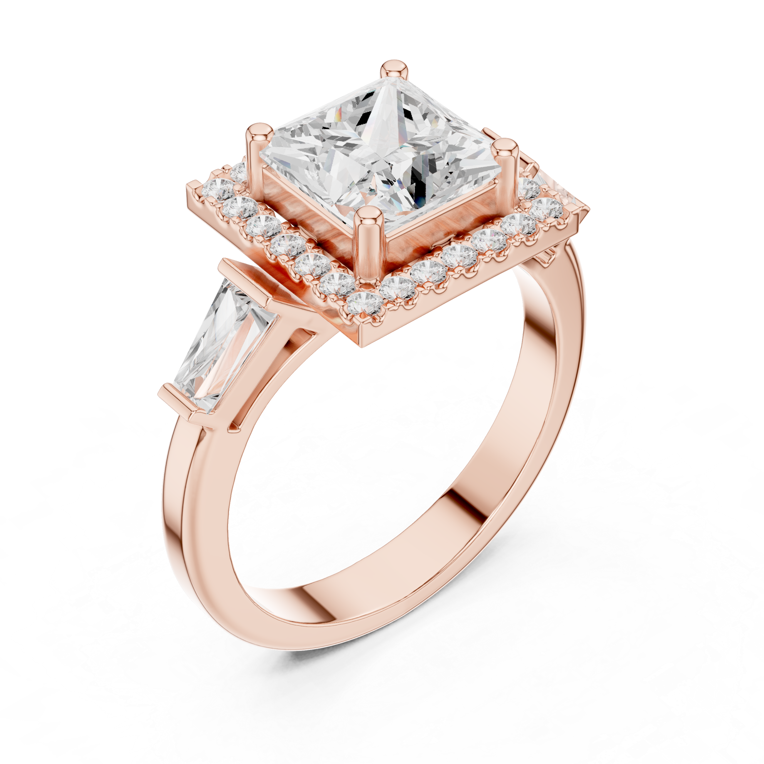 Princess Cut Diamond Halo Ring With Tapper Baguette