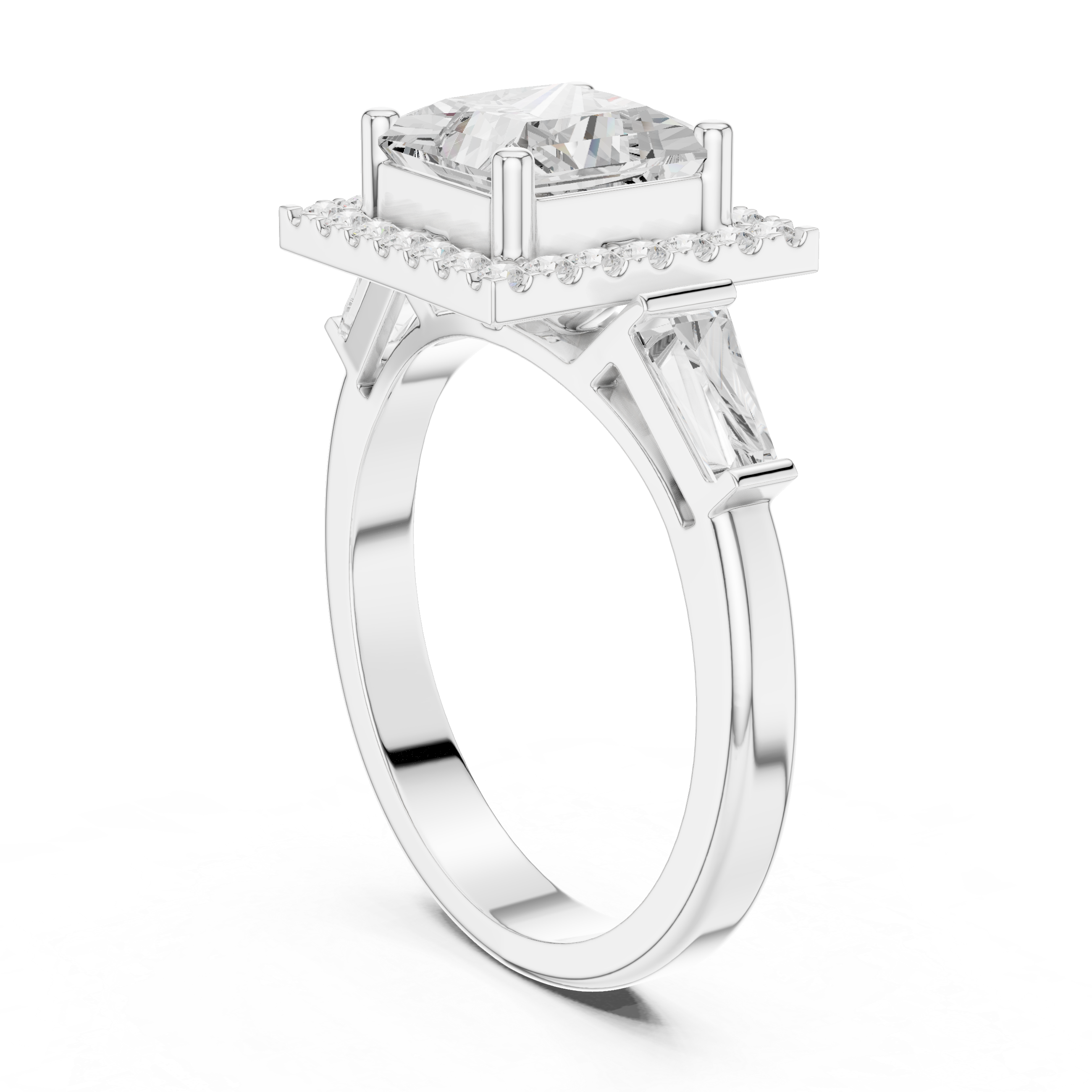 Princess Cut Diamond Halo Ring With Tapper Baguette