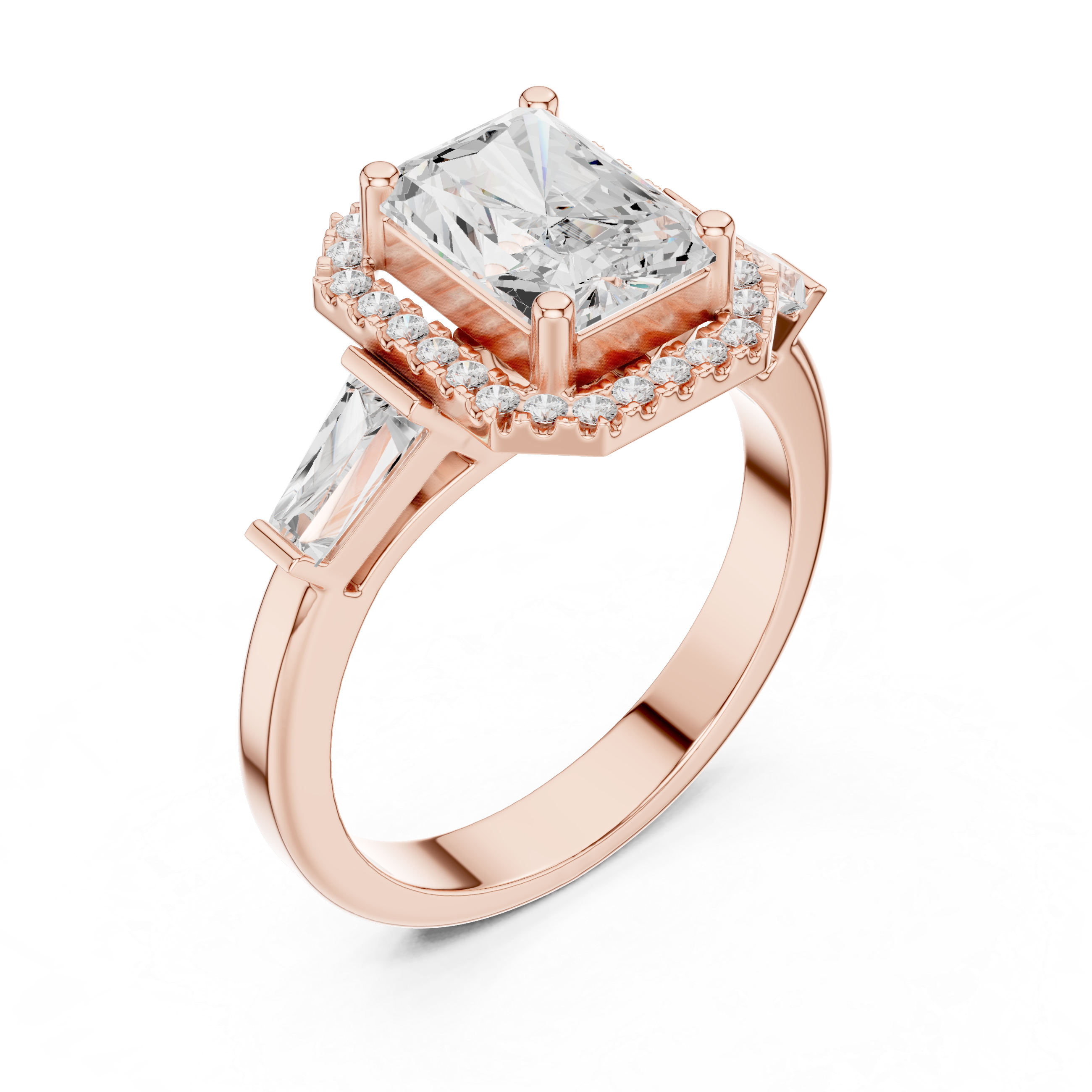 Radiant Cut Diamond Halo Ring With Tapper Baguette