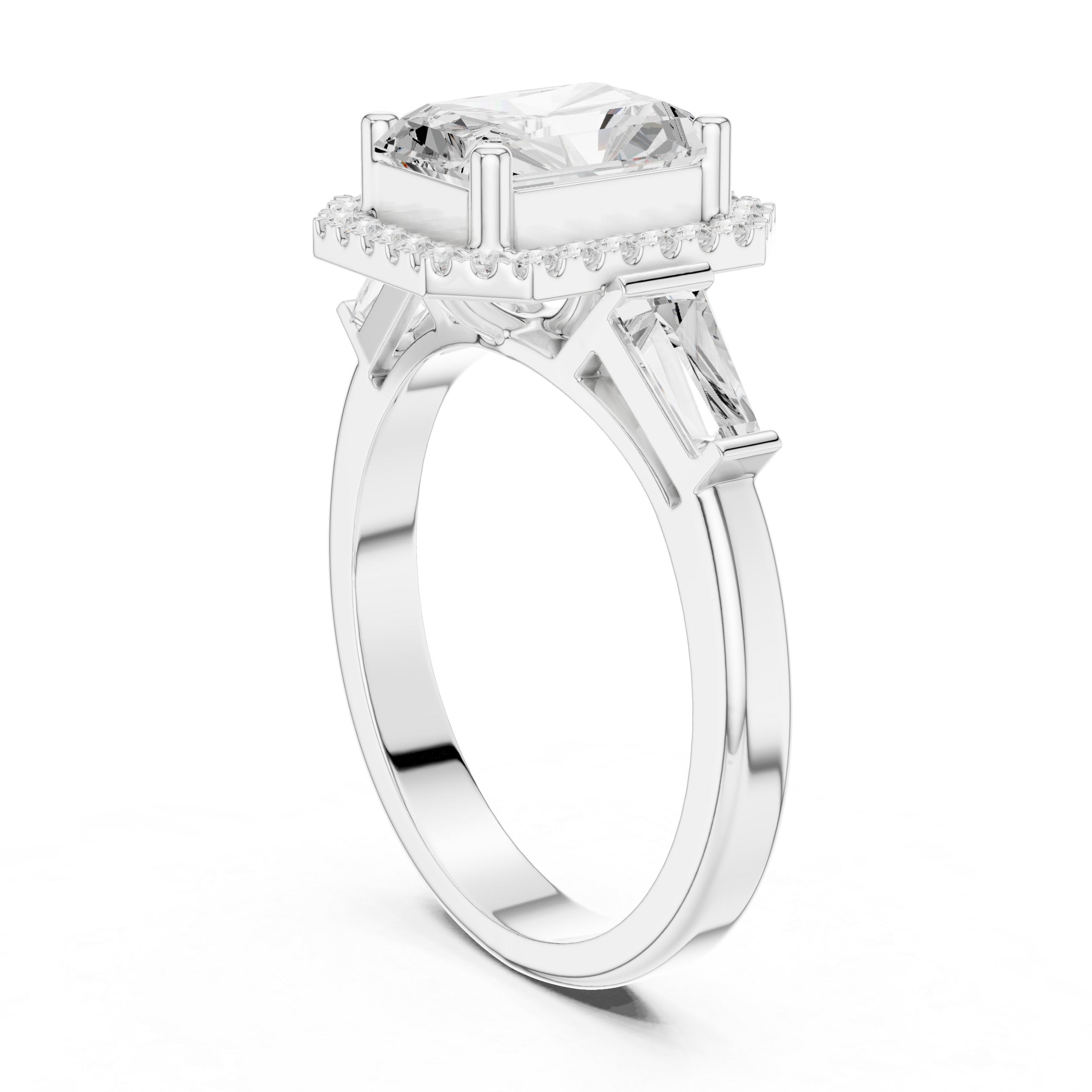 Radiant Cut Diamond Halo Ring With Tapper Baguette