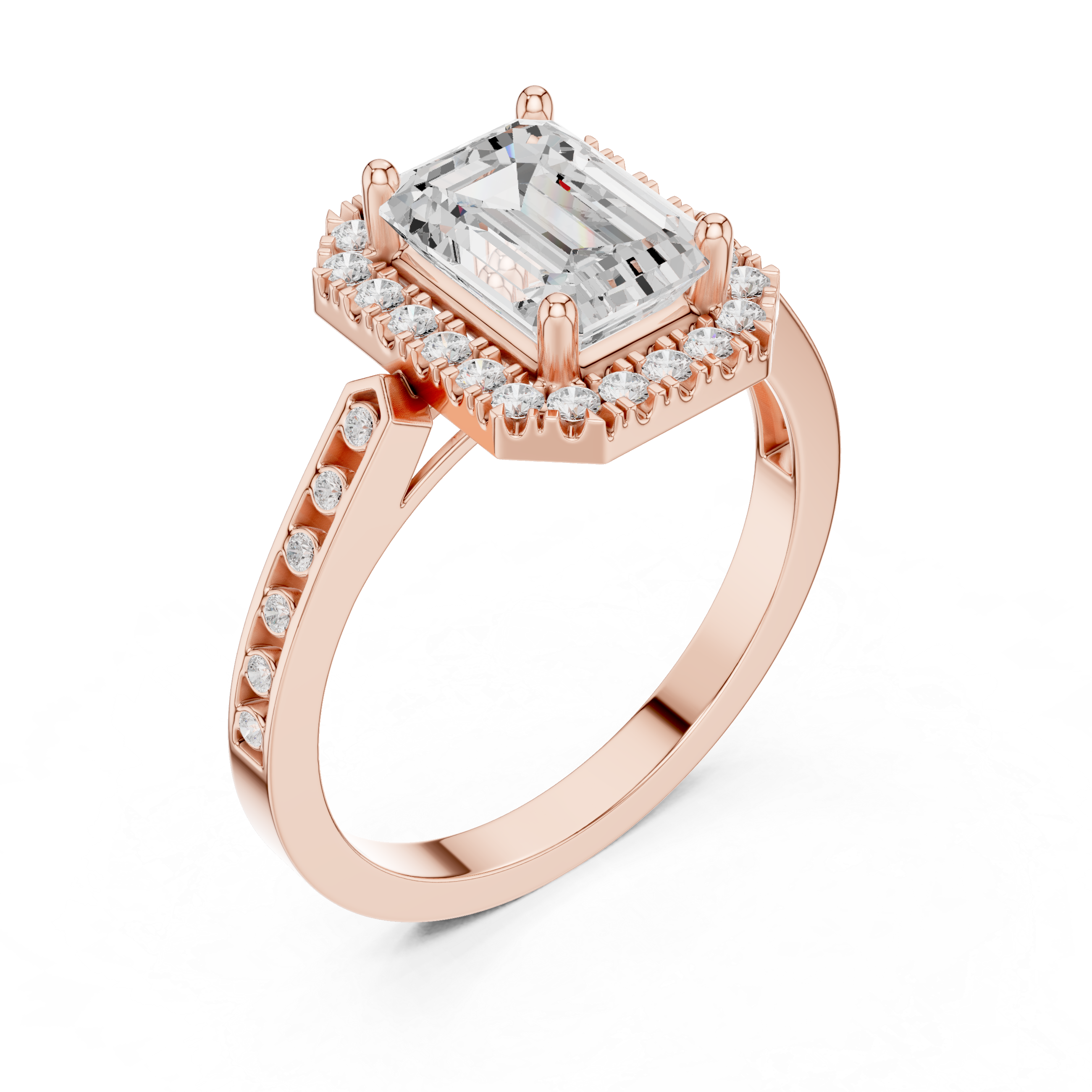 Classic Emerald Diamond Halo Ring With Pavé Band