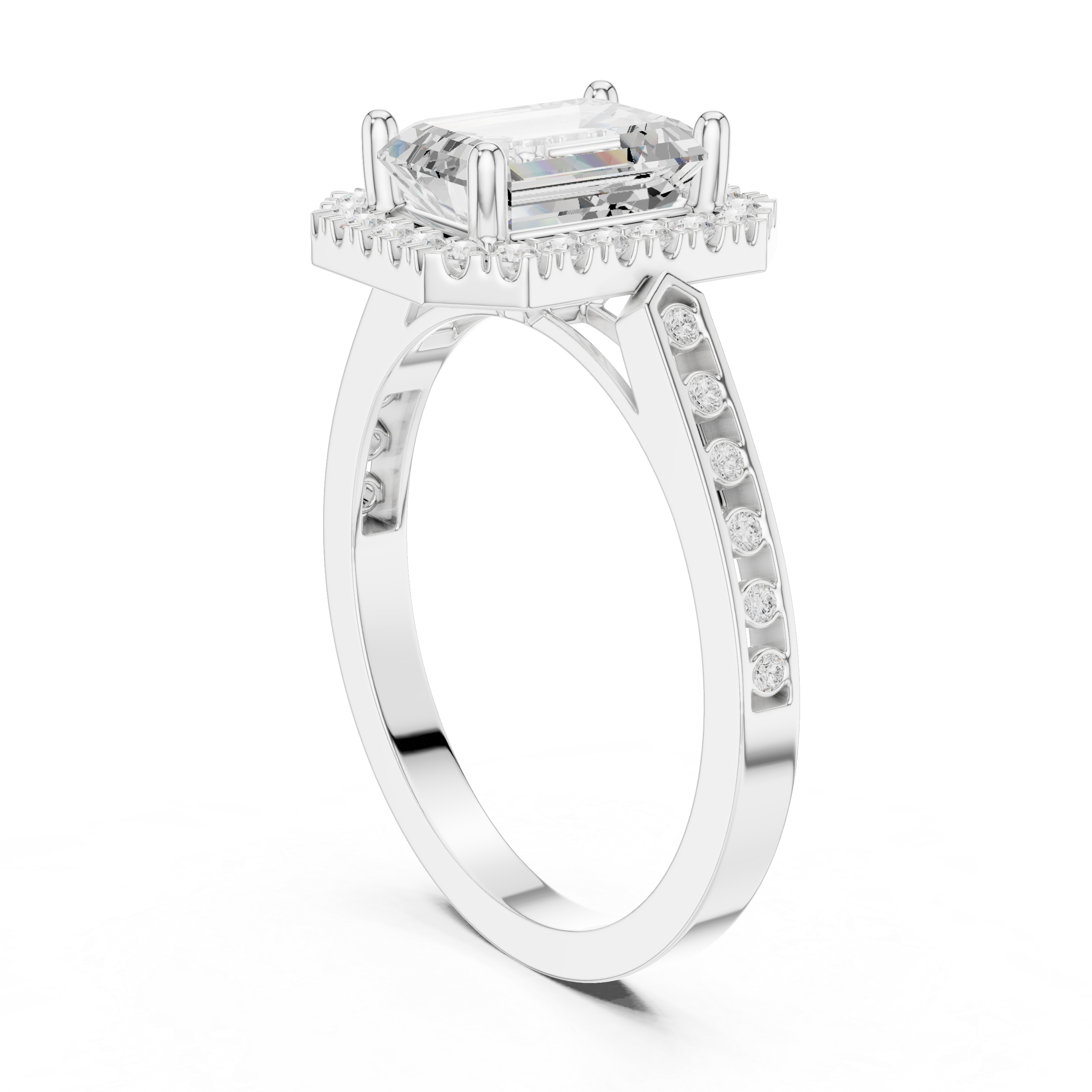 Classic Emerald Diamond Halo Ring With Pavé Band