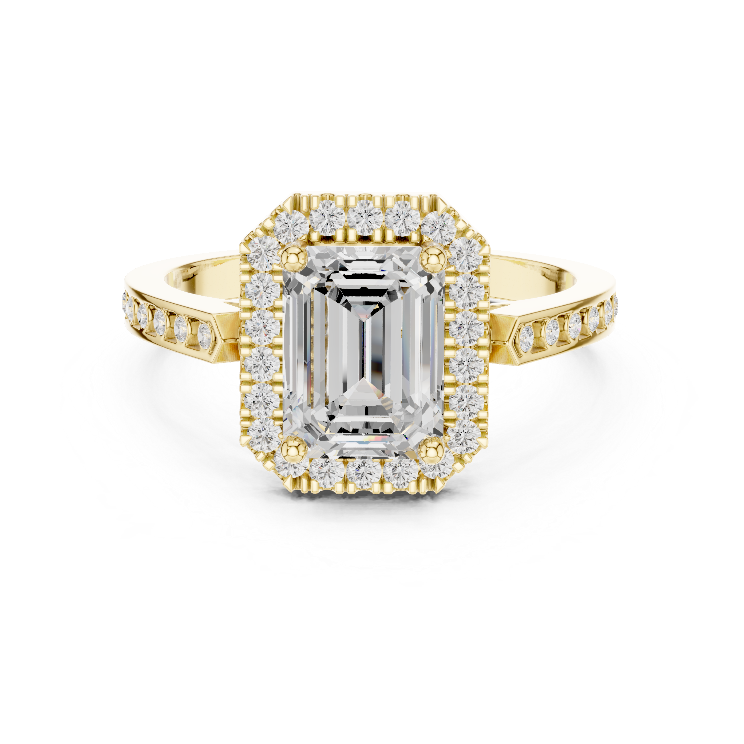 Classic Emerald Diamond Halo Ring With Pavé Band