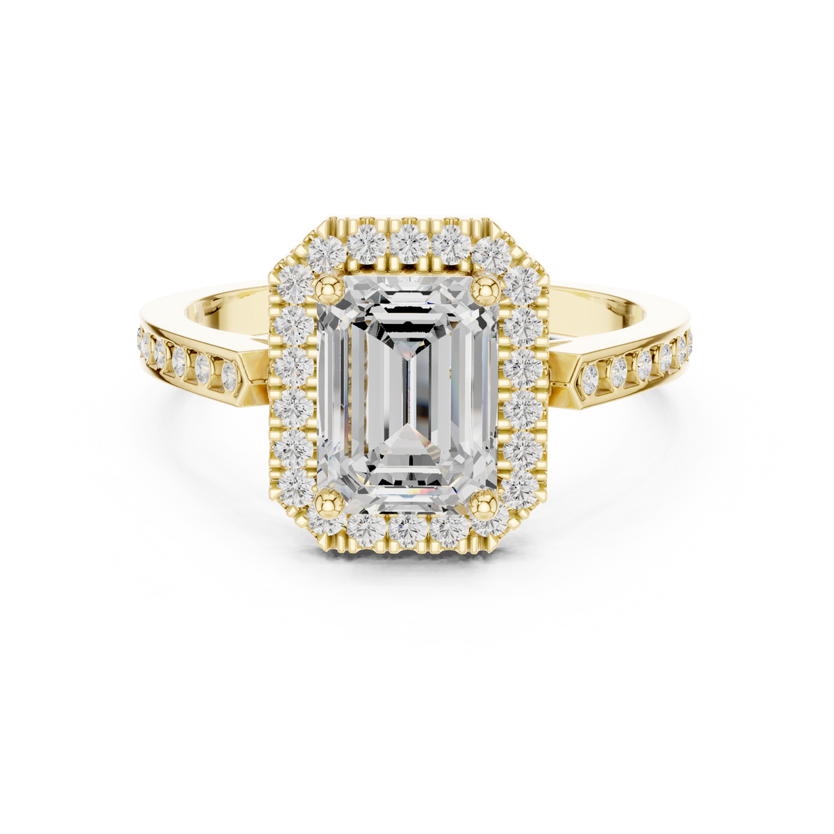 Classic Emerald Diamond Halo Ring With Pavé Band