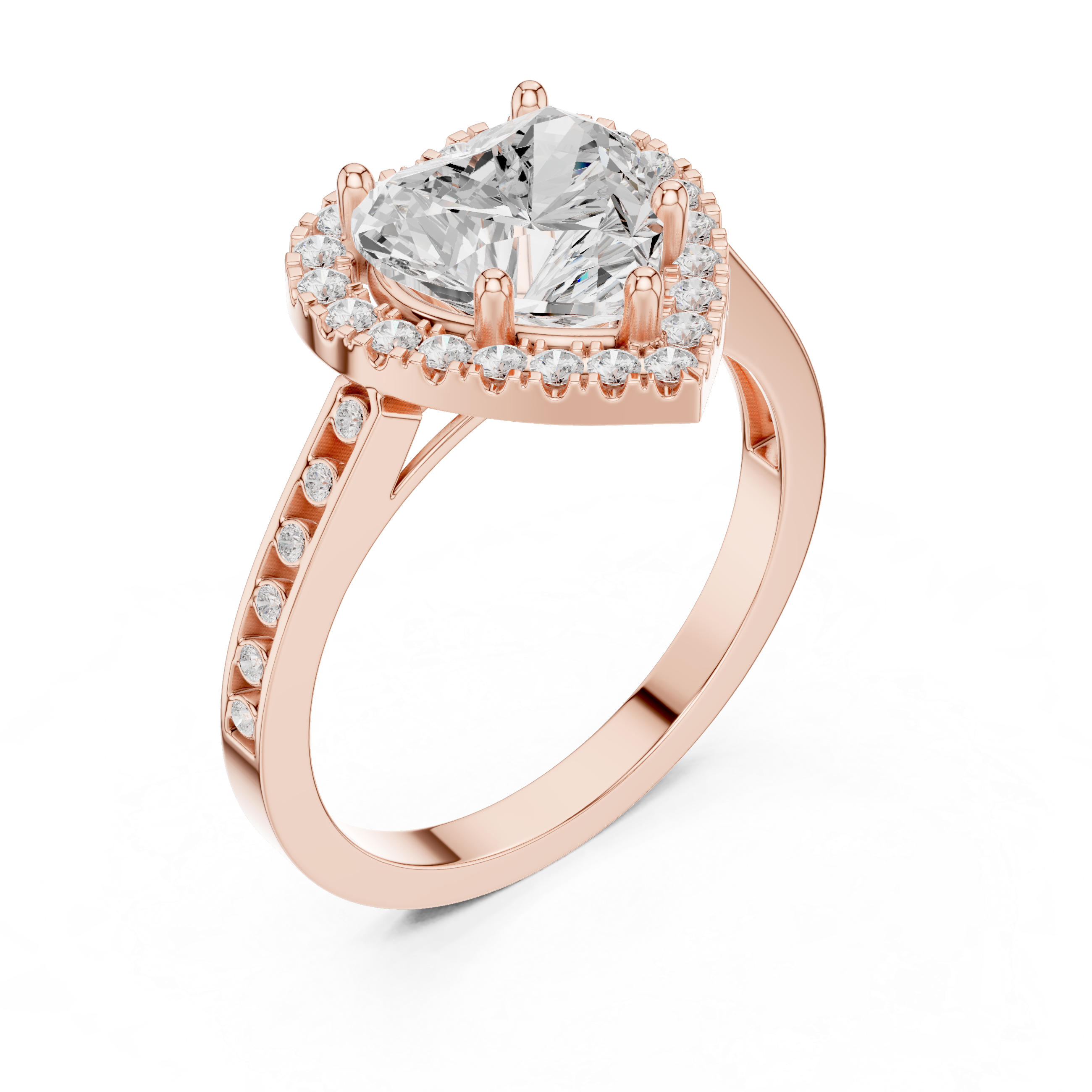 Classic Heart Diamond Halo Ring With Pavé Band