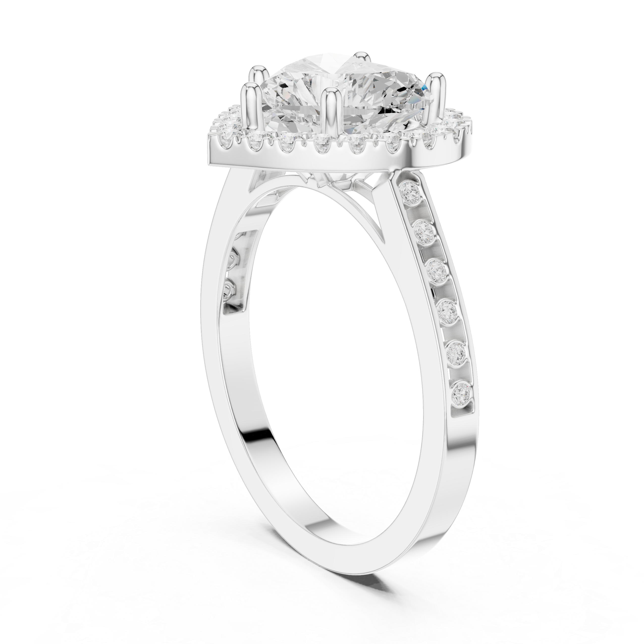 Classic Heart Diamond Halo Ring With Pavé Band