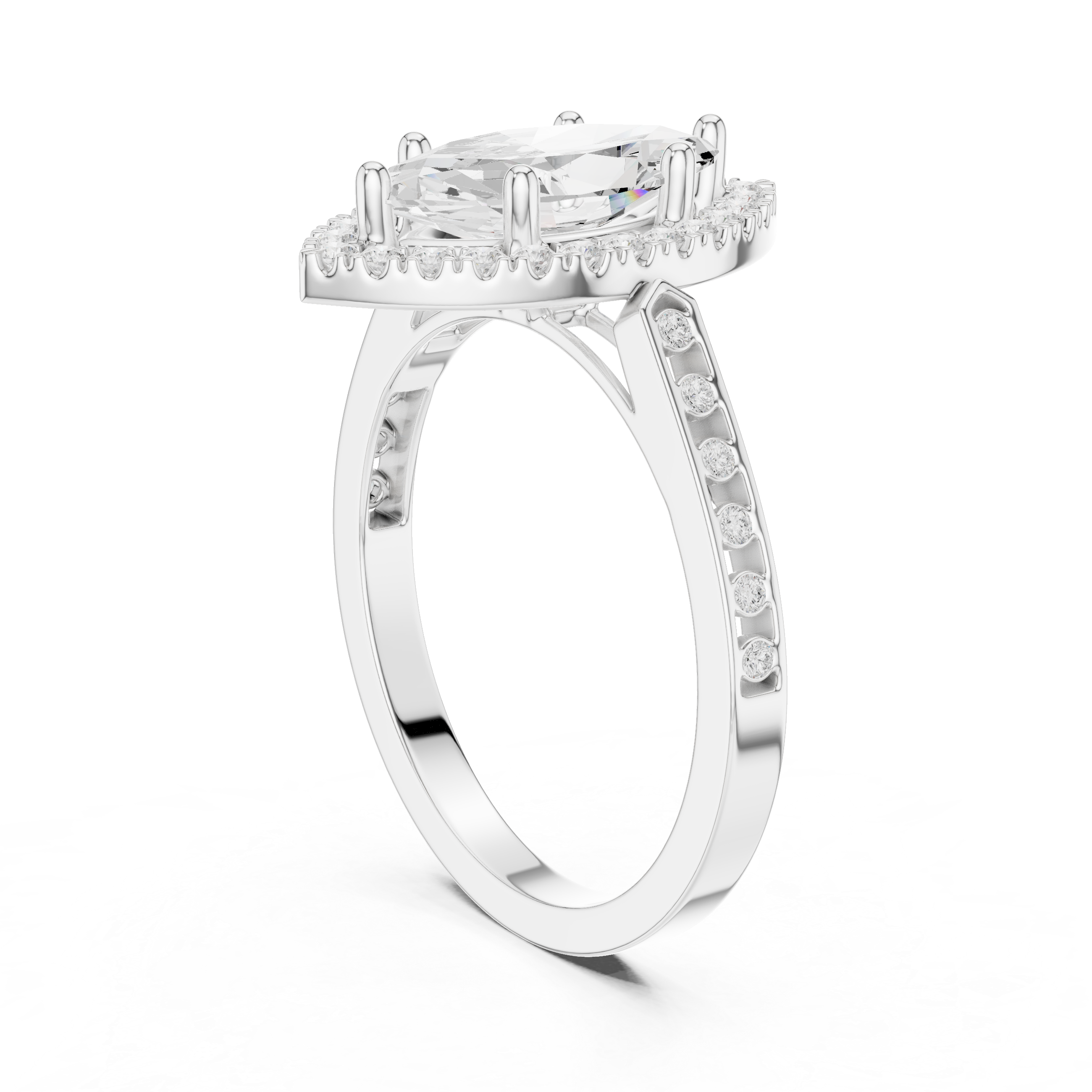 Classic Marquise Diamond Halo Ring With Pavé Band