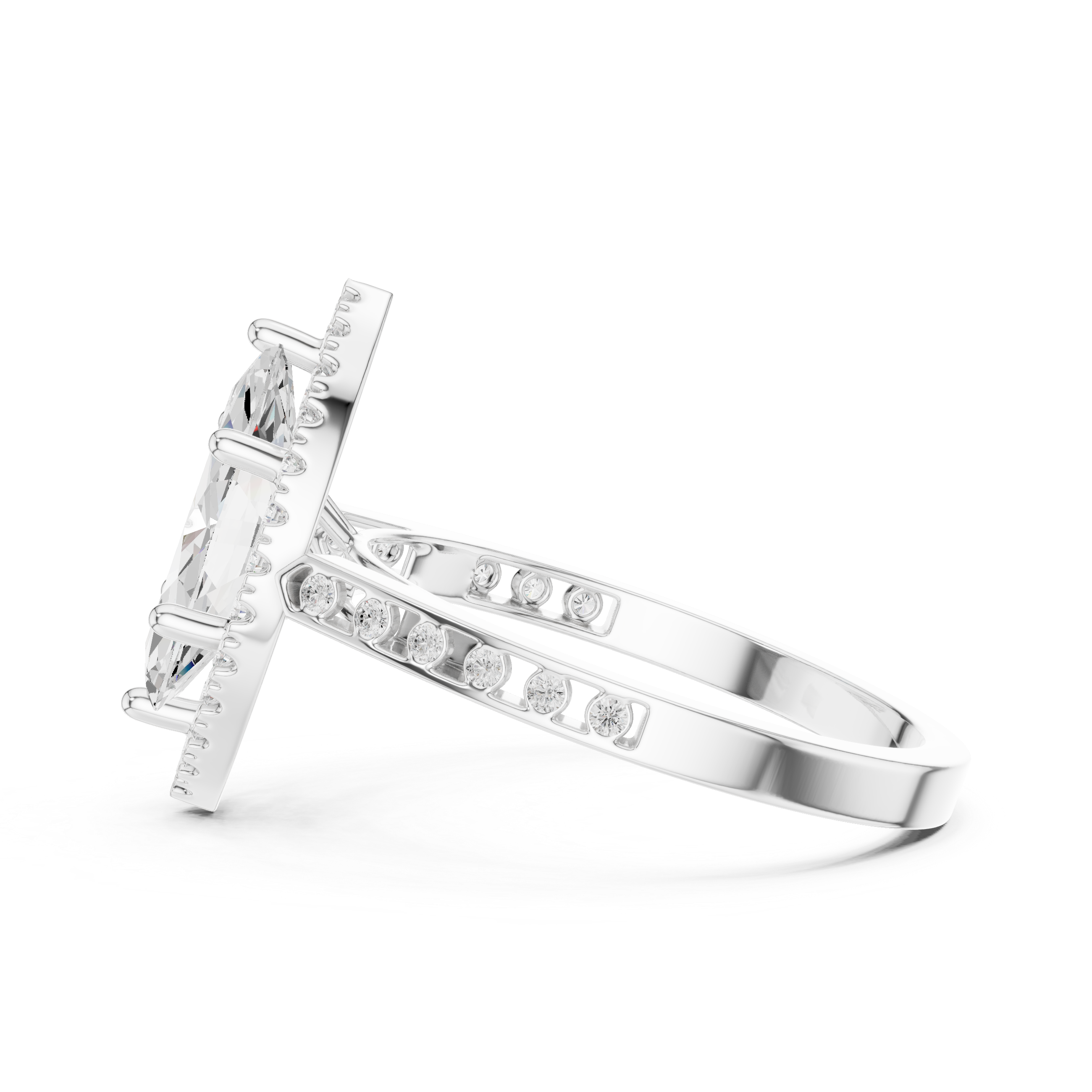Classic Marquise Diamond Halo Ring With Pavé Band