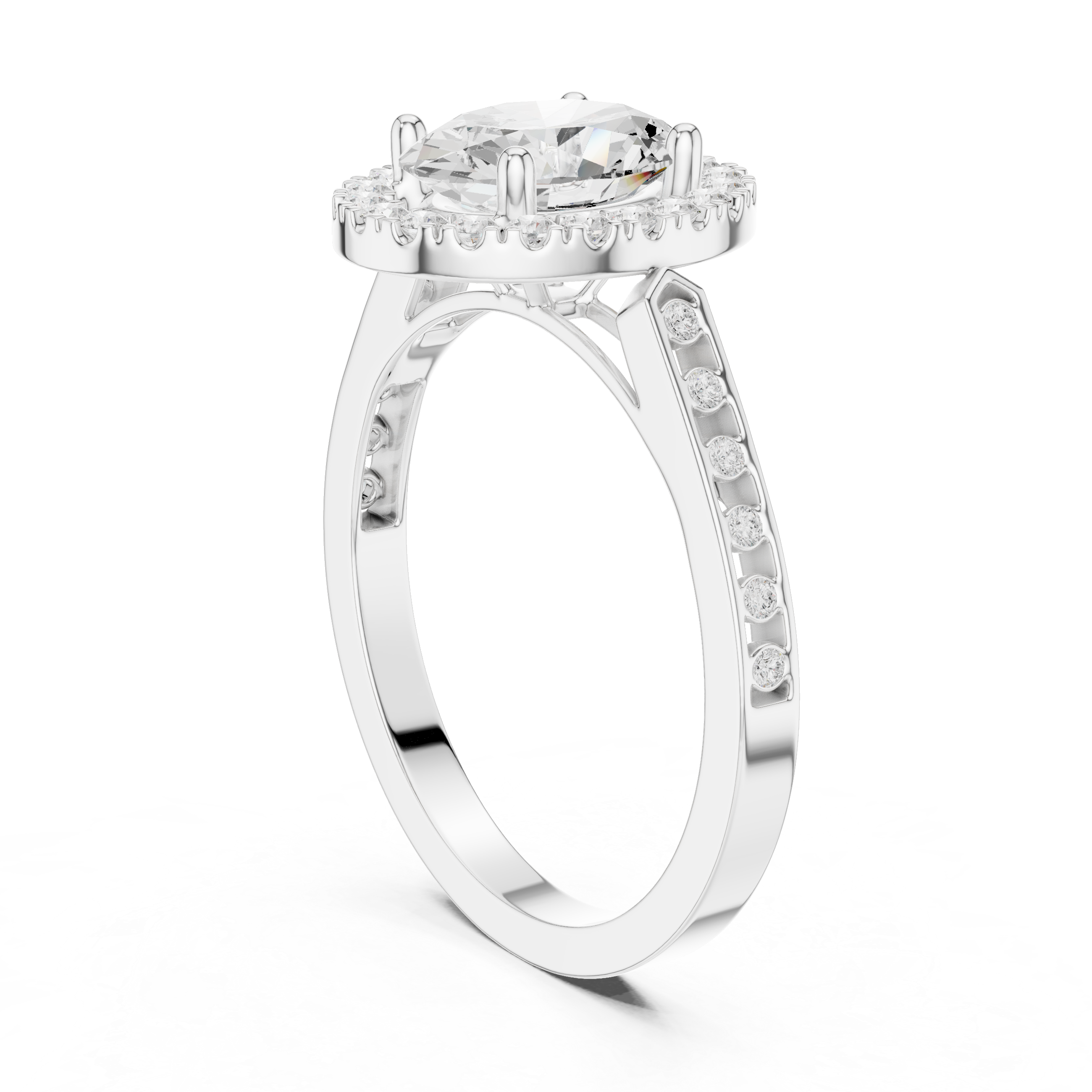 Classic Oval Diamond Halo Ring With Pavé Band
