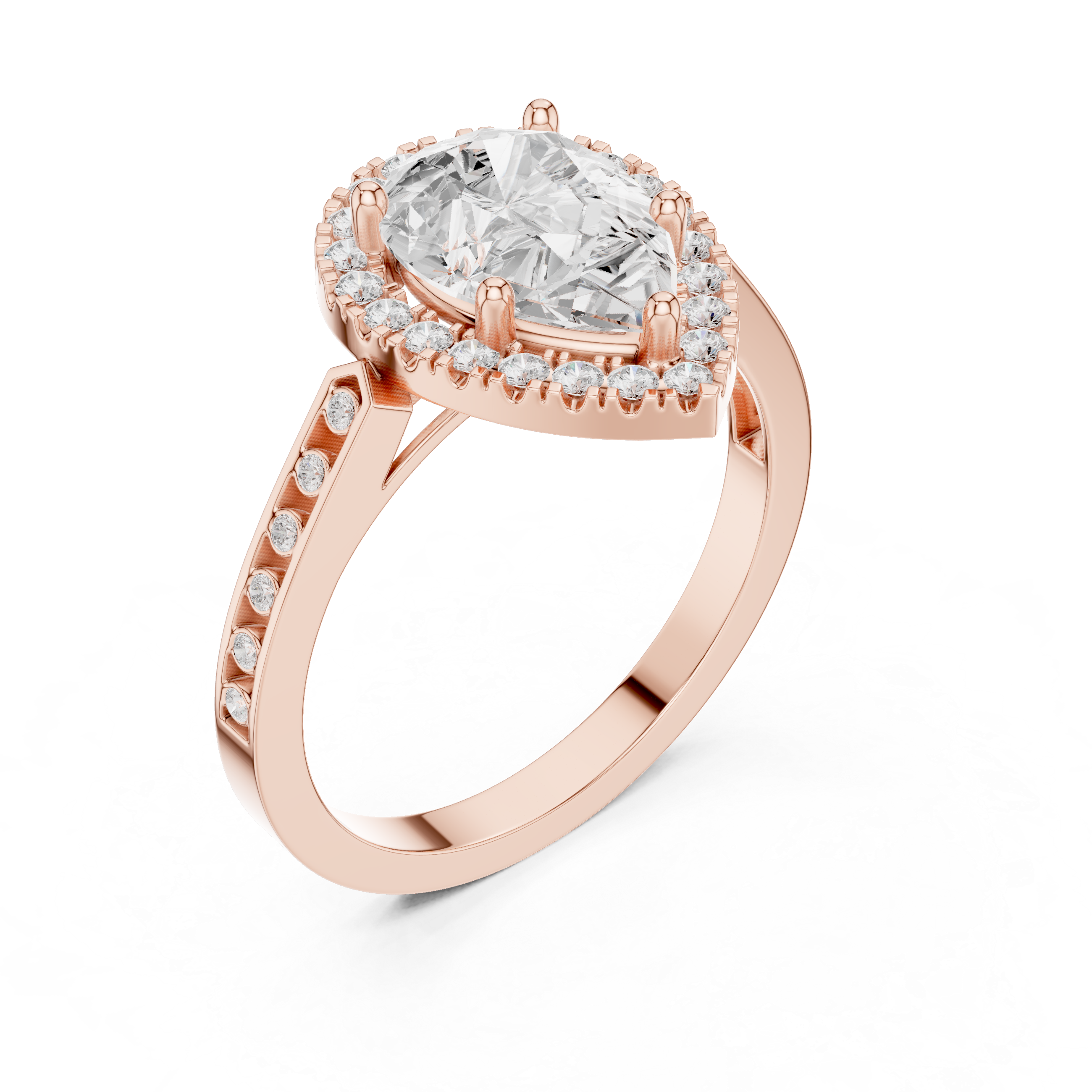 Classic Pear Diamond Halo Ring With Pavé Band