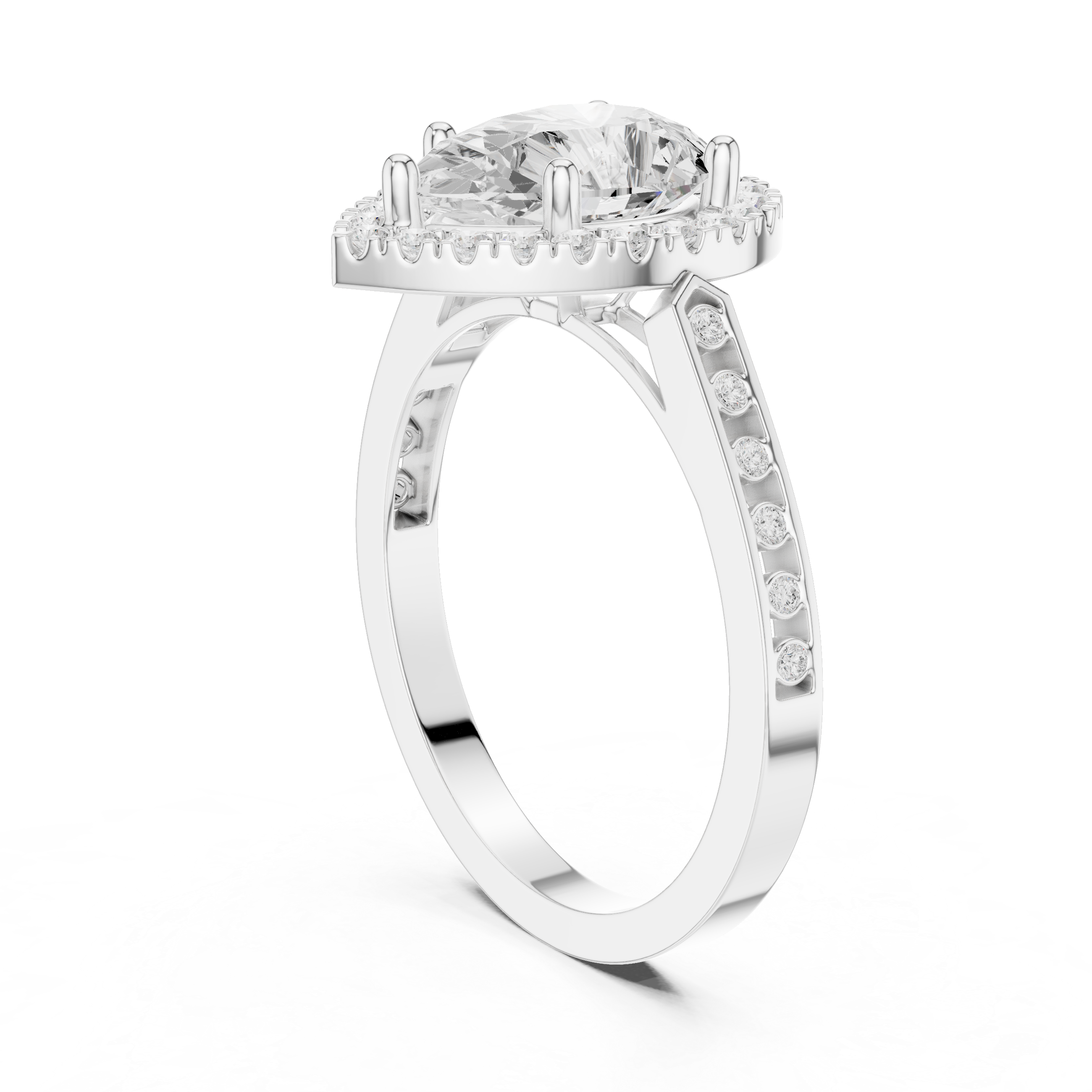 Classic Pear Diamond Halo Ring With Pavé Band