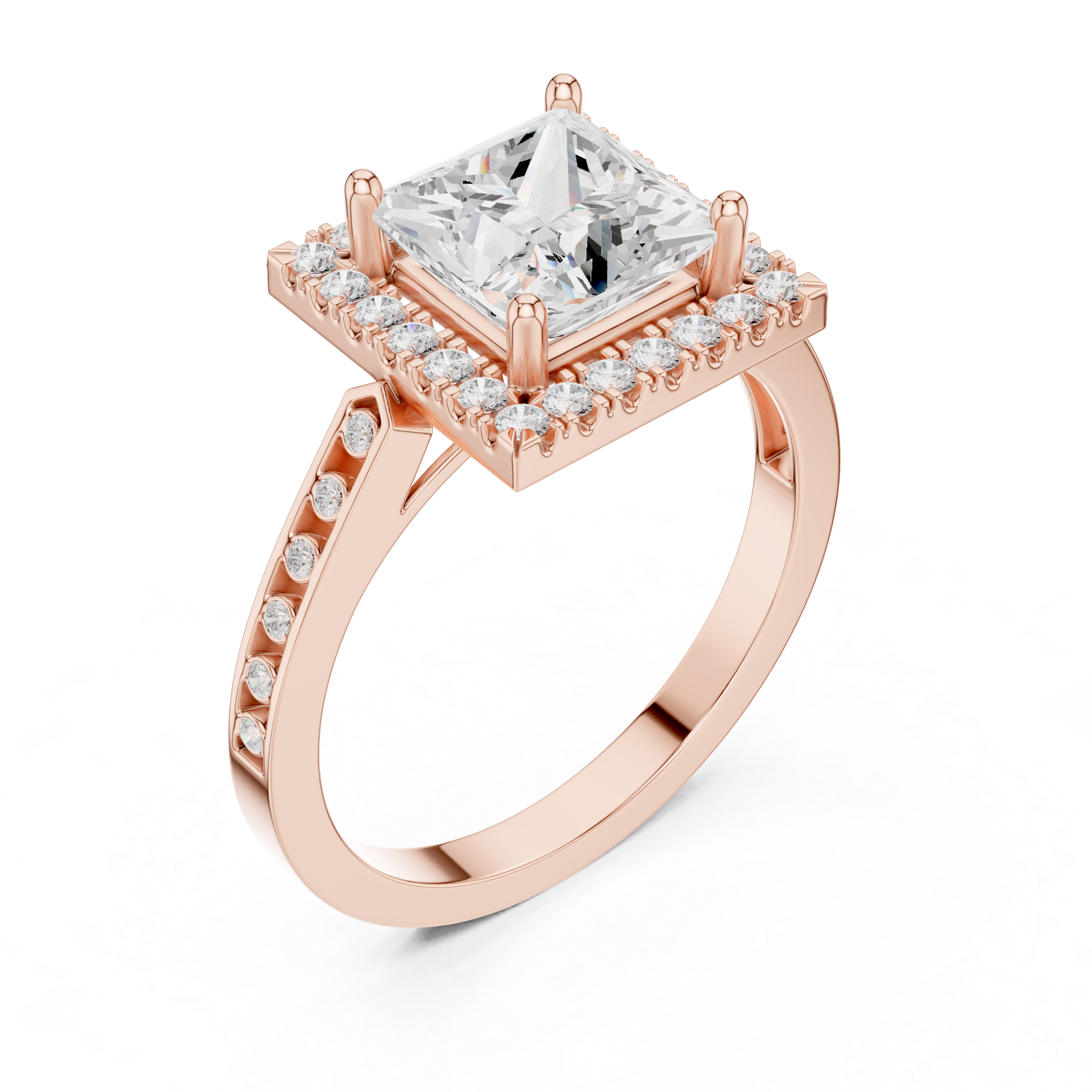 Classic Princess Diamond Halo Ring With Pavé Band