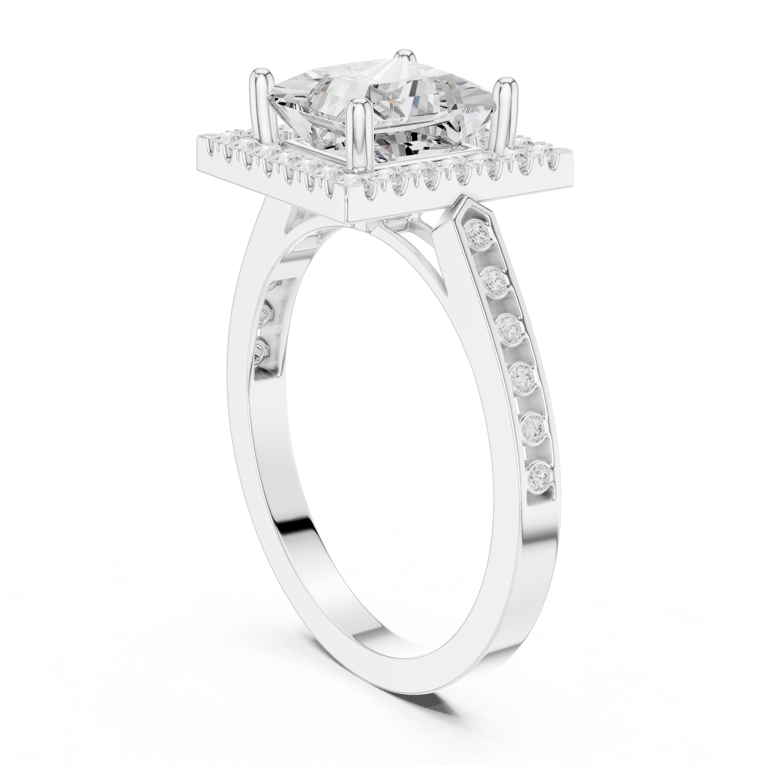 Classic Princess Diamond Halo Ring With Pavé Band