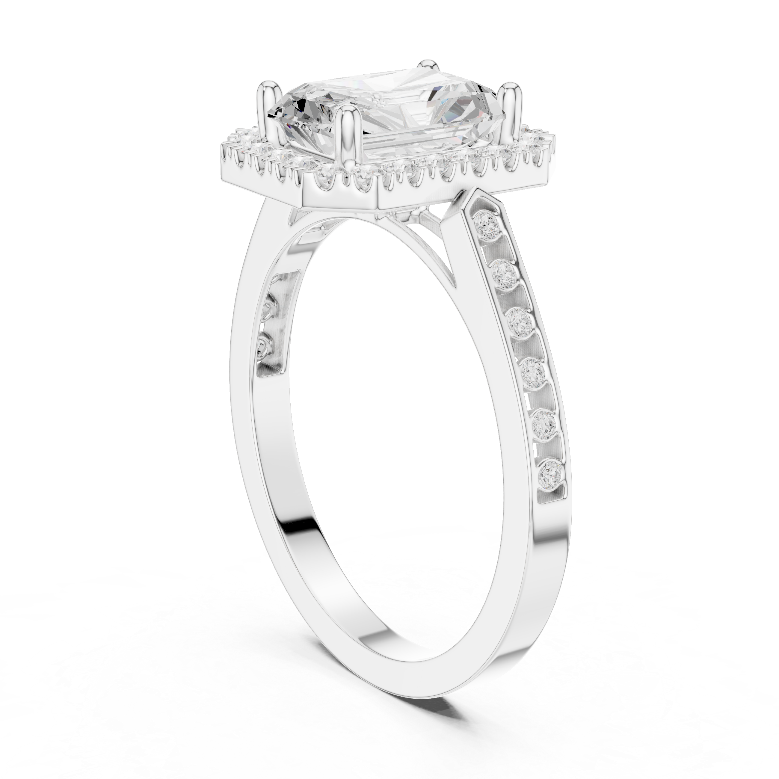 Classic Radiant Diamond Halo Ring With Pavé Band