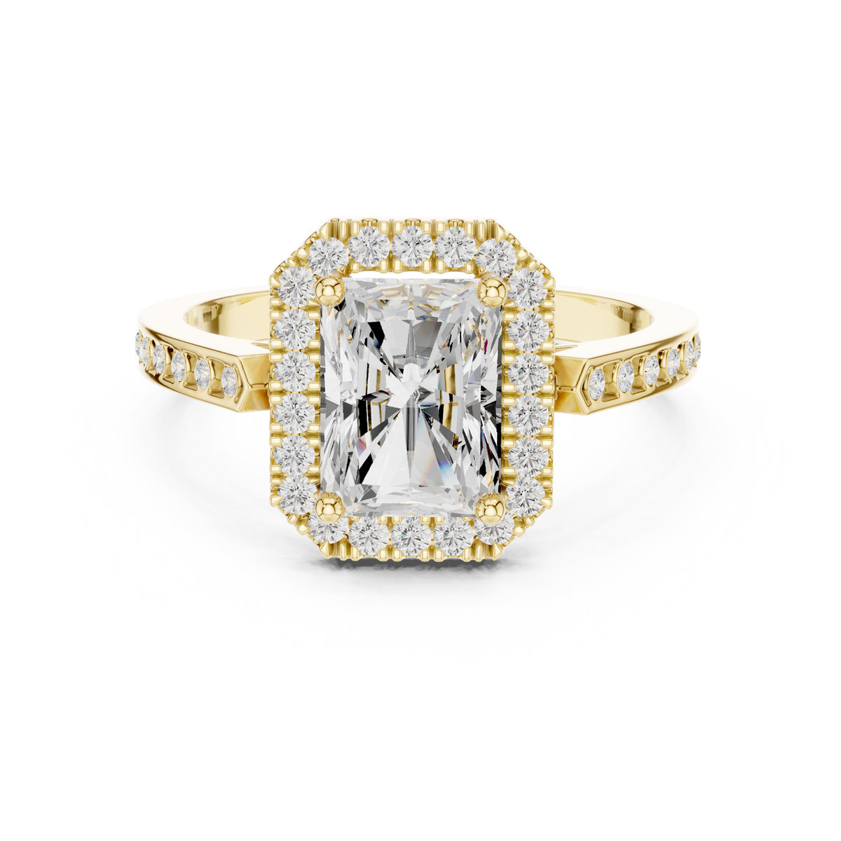Classic Radiant Diamond Halo Ring With Pavé Band