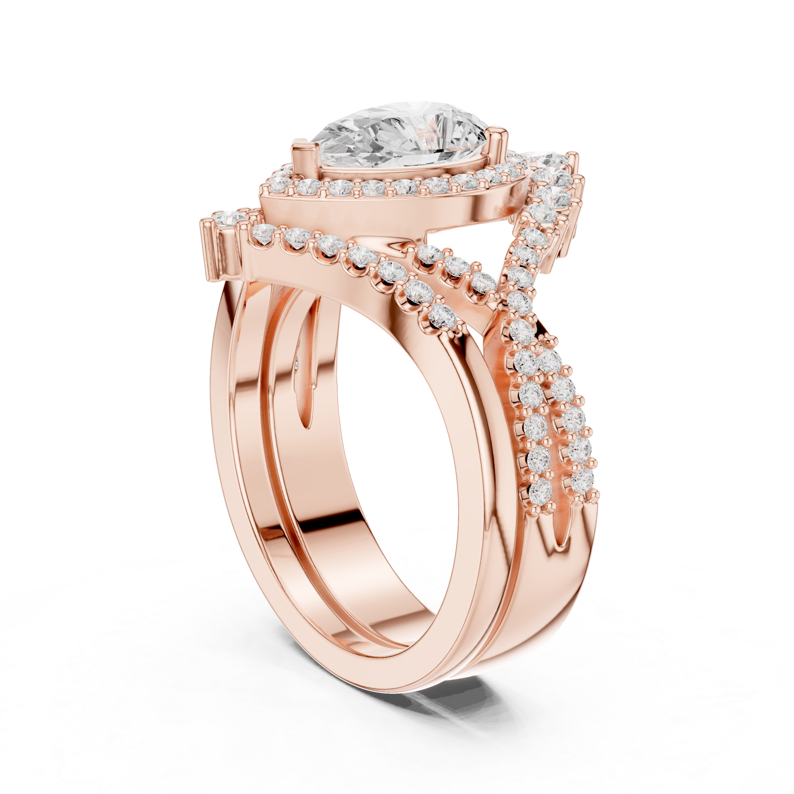 Pear Sunburst Halo Bridal Ring Set With Criss Cross Shank