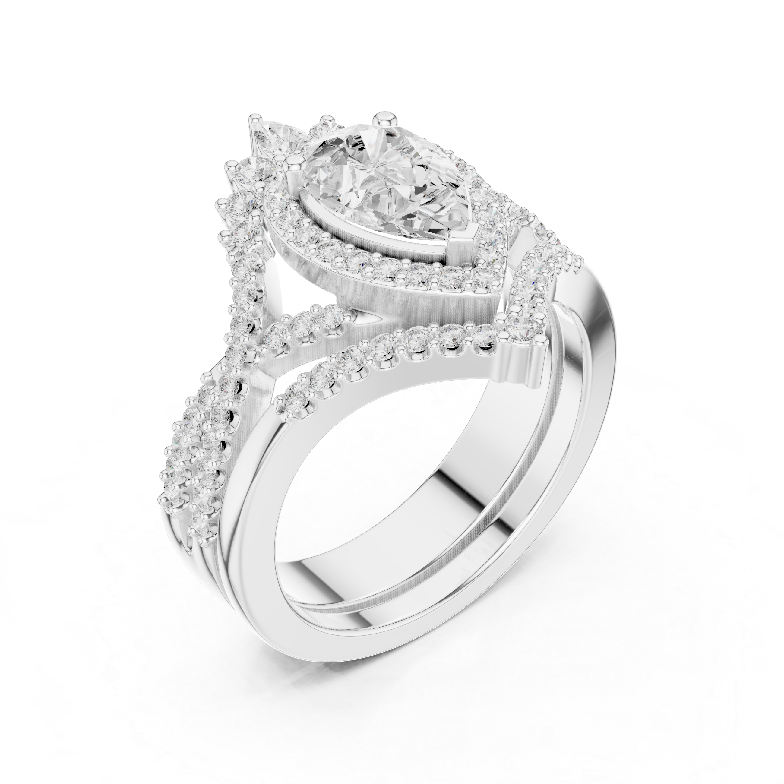Pear Sunburst Halo Bridal Ring Set With Criss Cross Shank