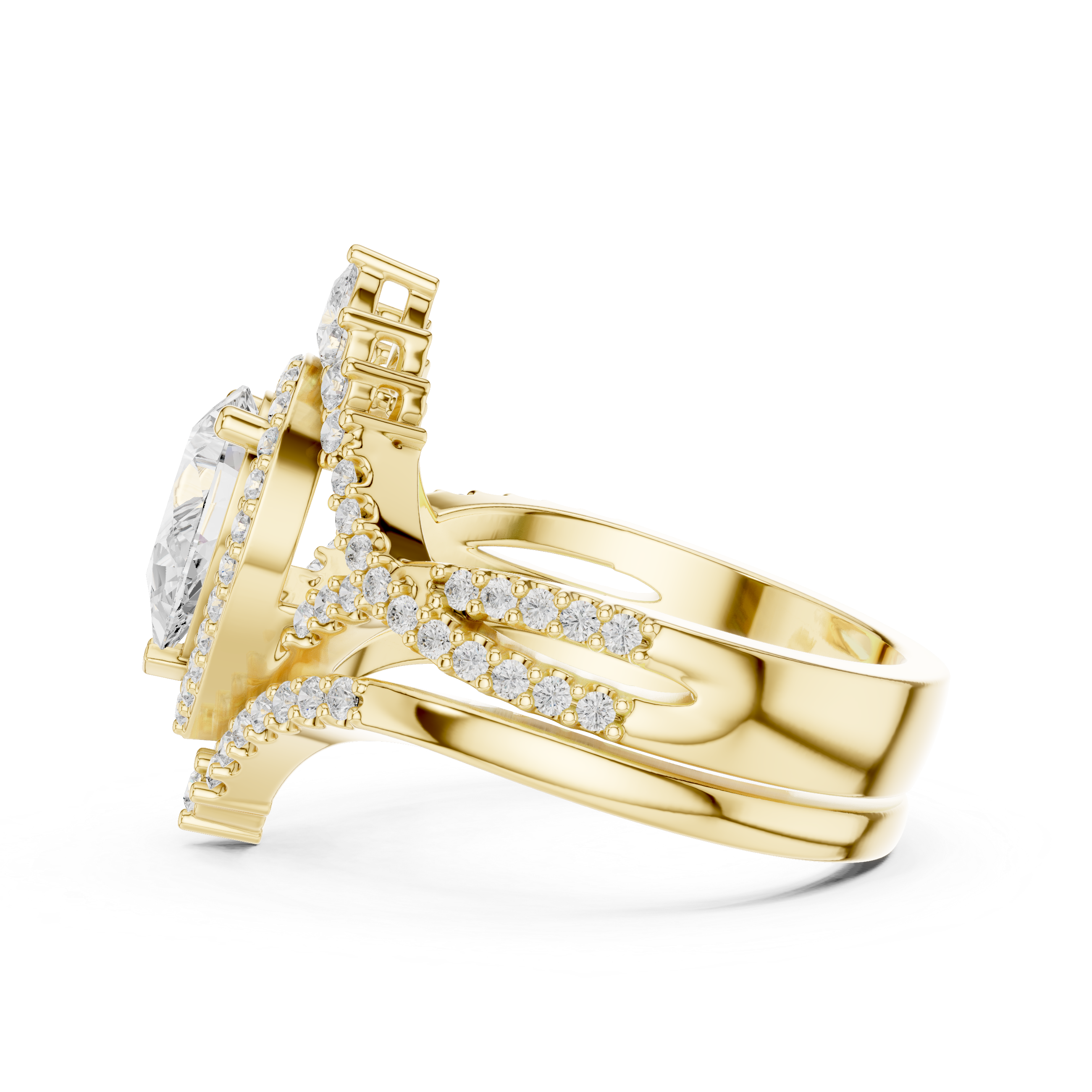 Pear Sunburst Halo Bridal Ring Set With Criss Cross Shank