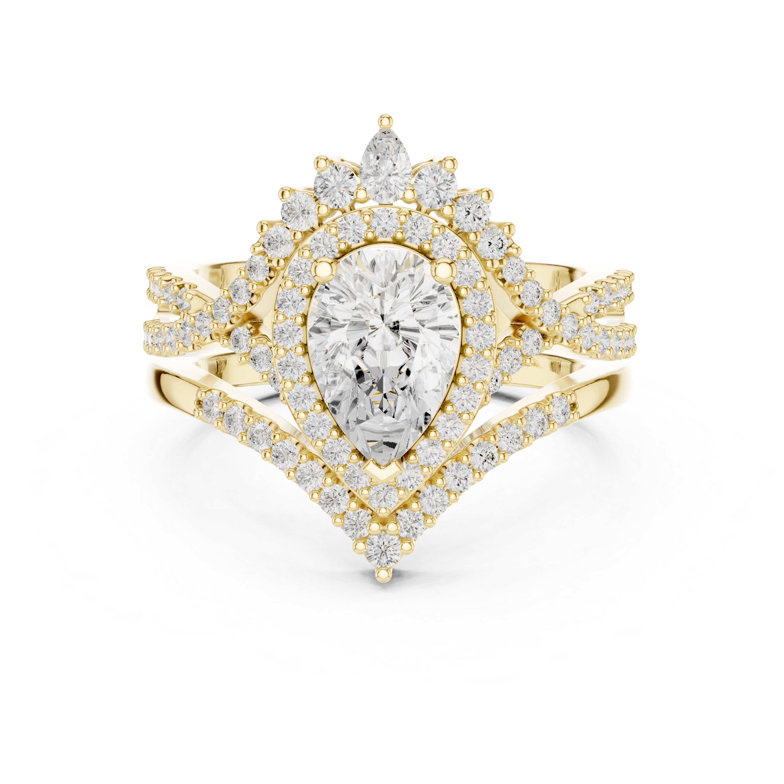 Pear Sunburst Halo Bridal Ring Set With Criss Cross Shank