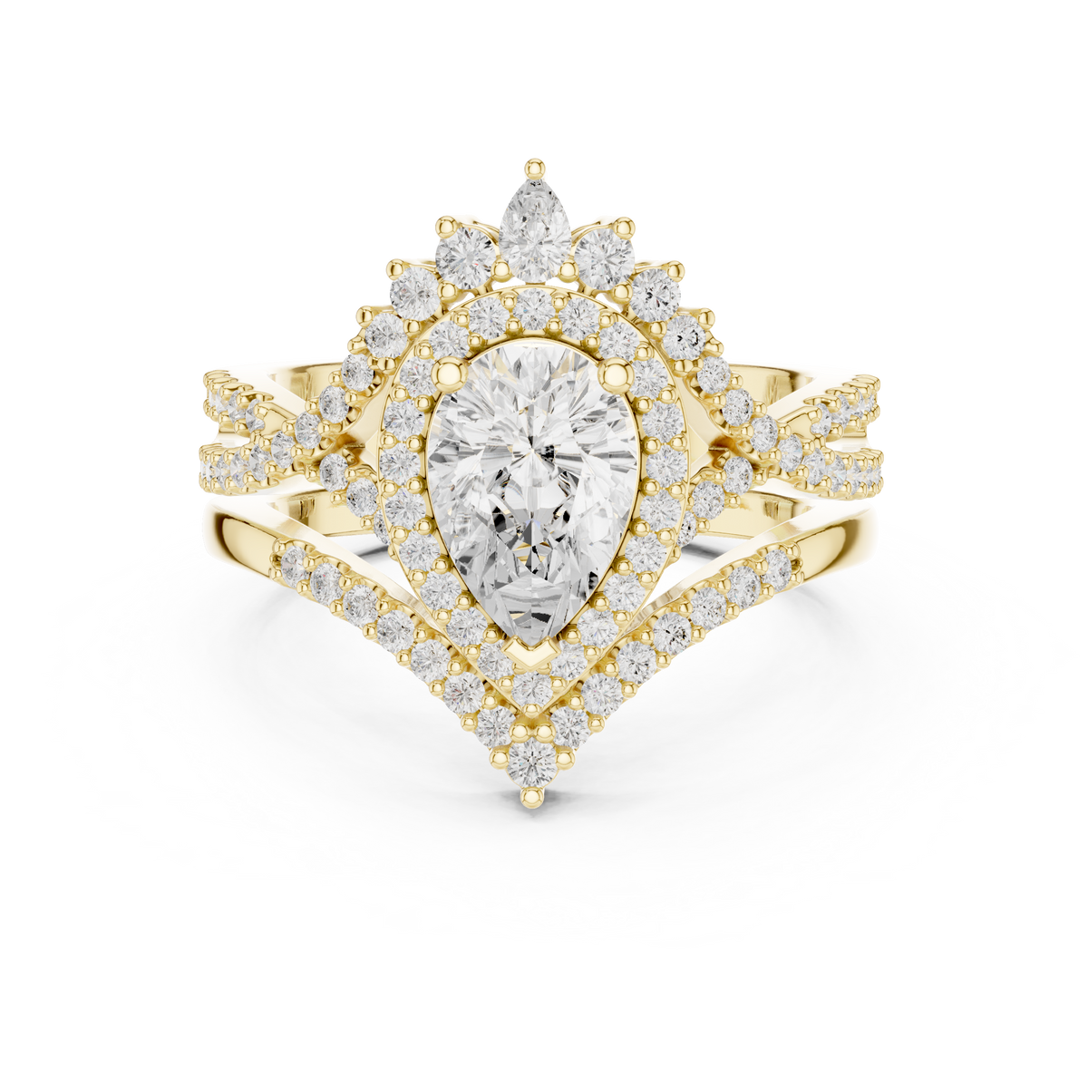 Pear Sunburst Halo Bridal Ring Set With Criss Cross Shank