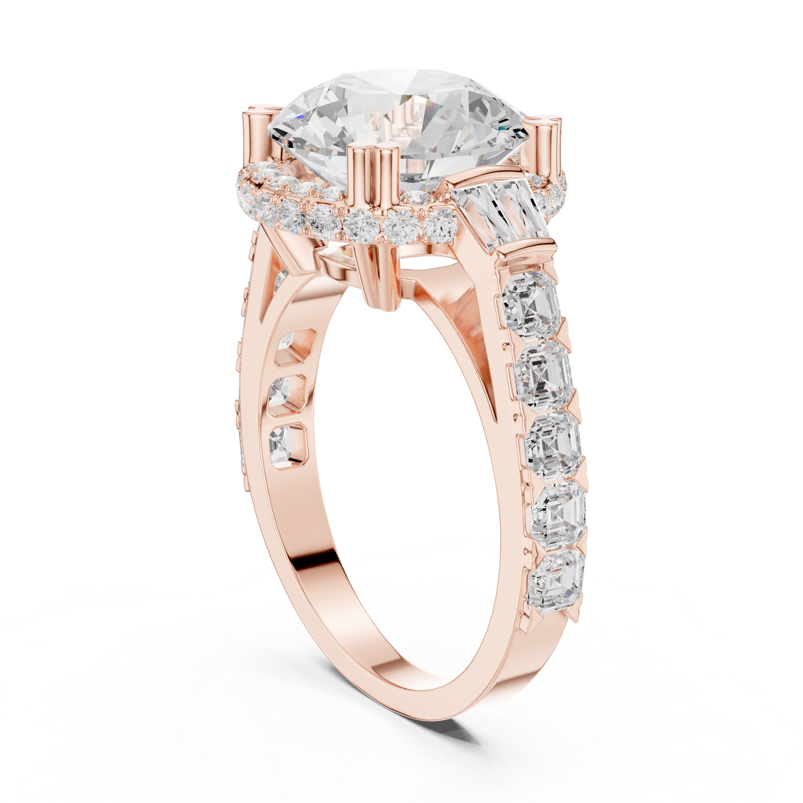 Round Hidden Halo Ring with Side Baguette & Asscher Accents