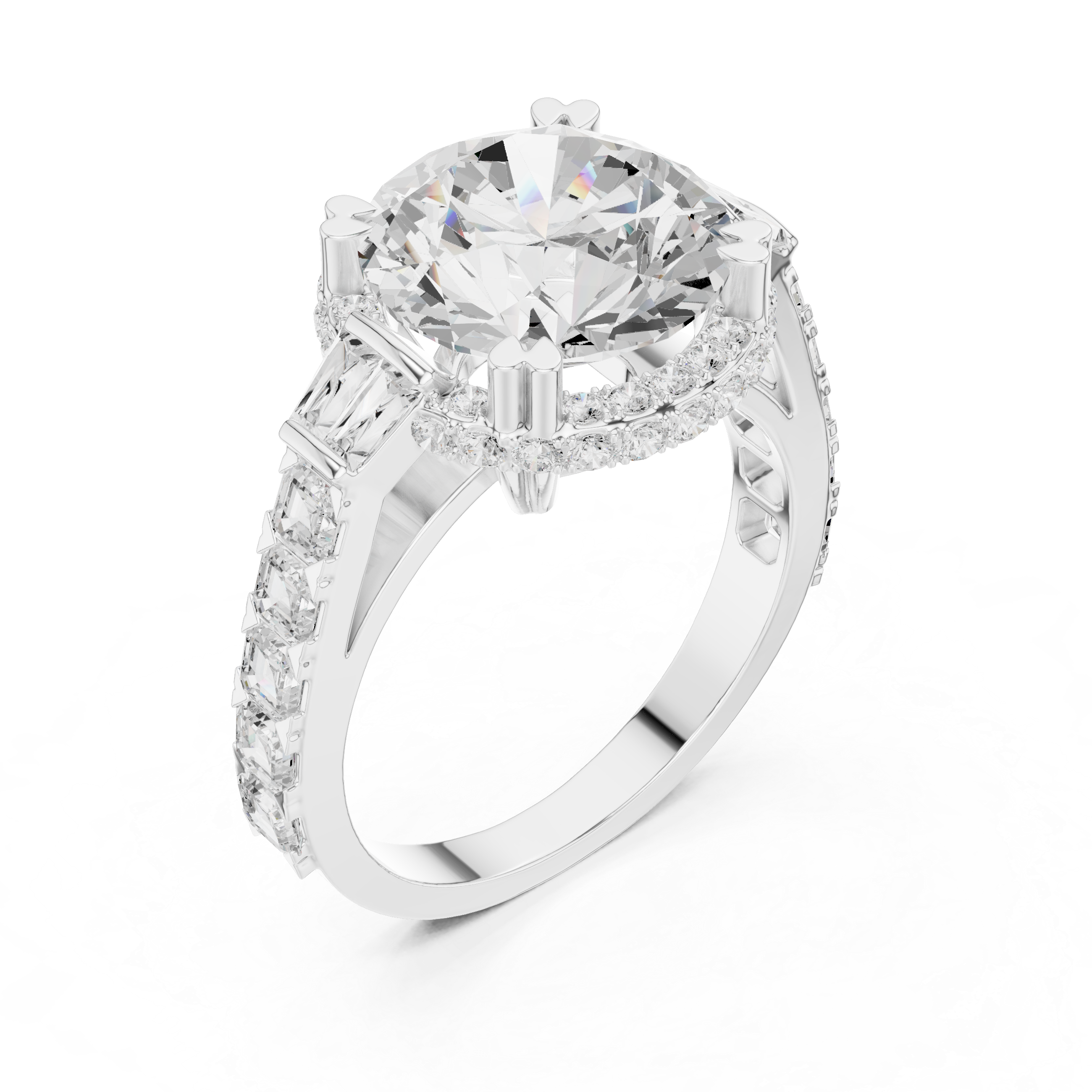 Round Hidden Halo Ring with Side Baguette & Asscher Accents