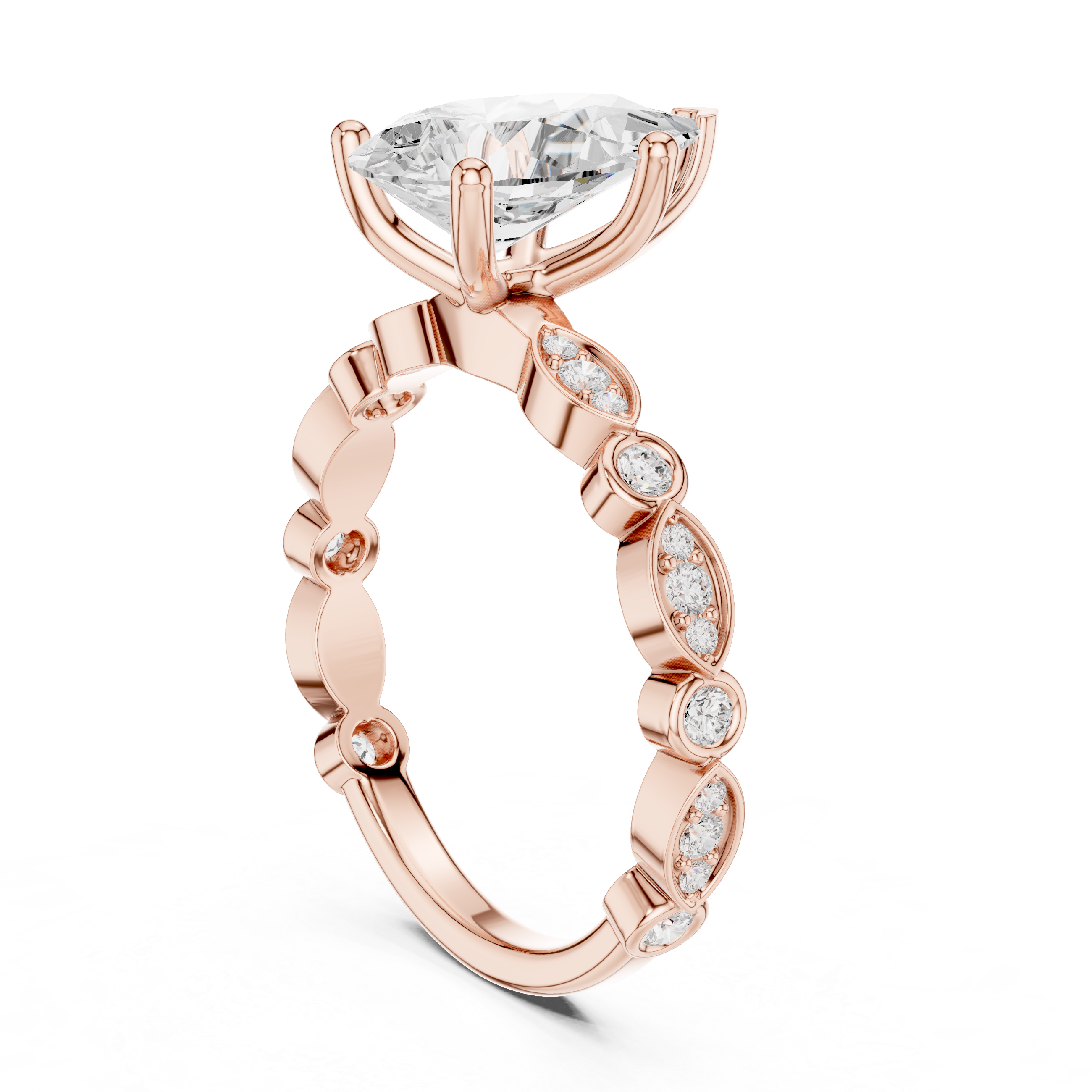 Pear Diamond Ring With Alternating Round & Marquise Shaped Bezel Set Band