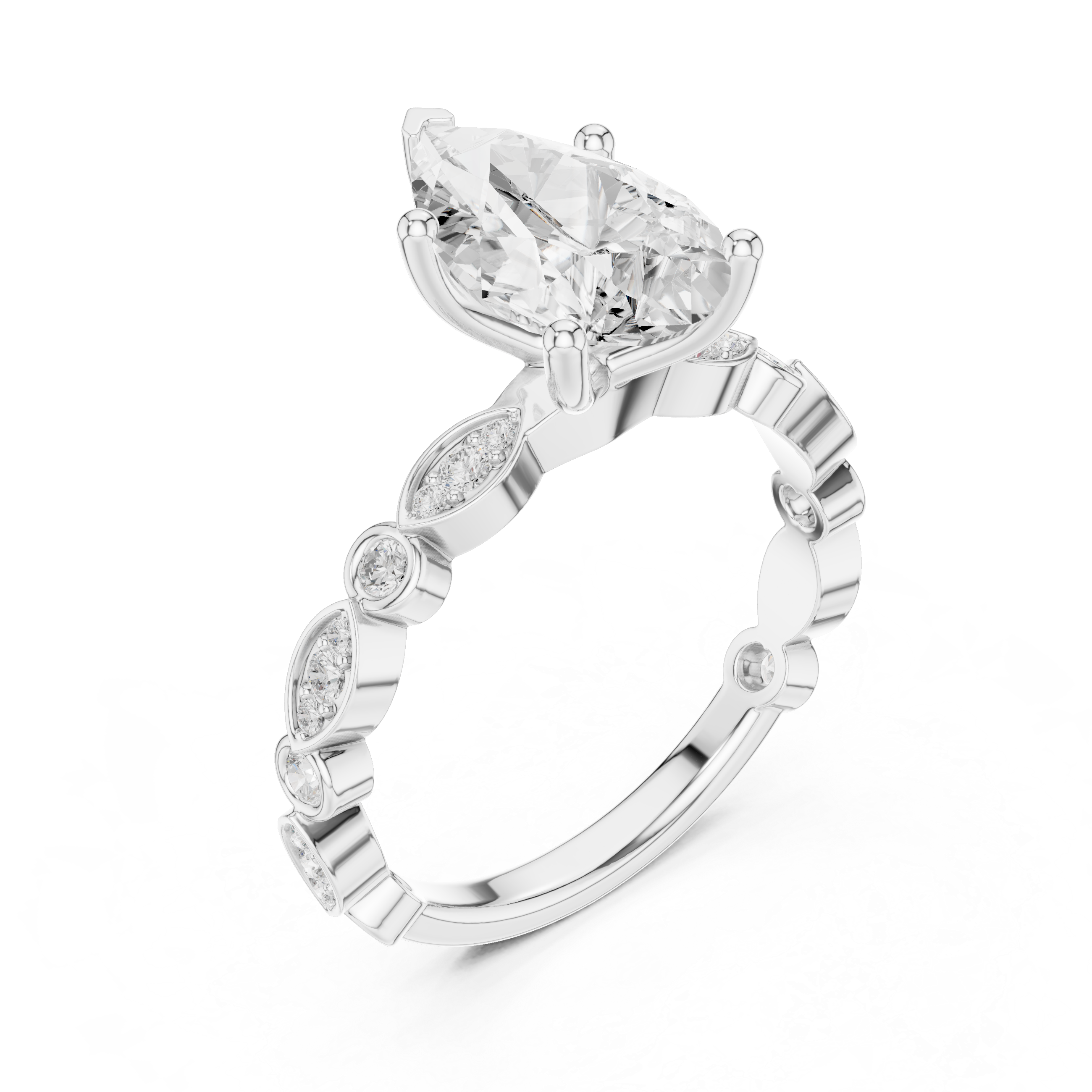 Pear Diamond Ring With Alternating Round & Marquise Shaped Bezel Set Band