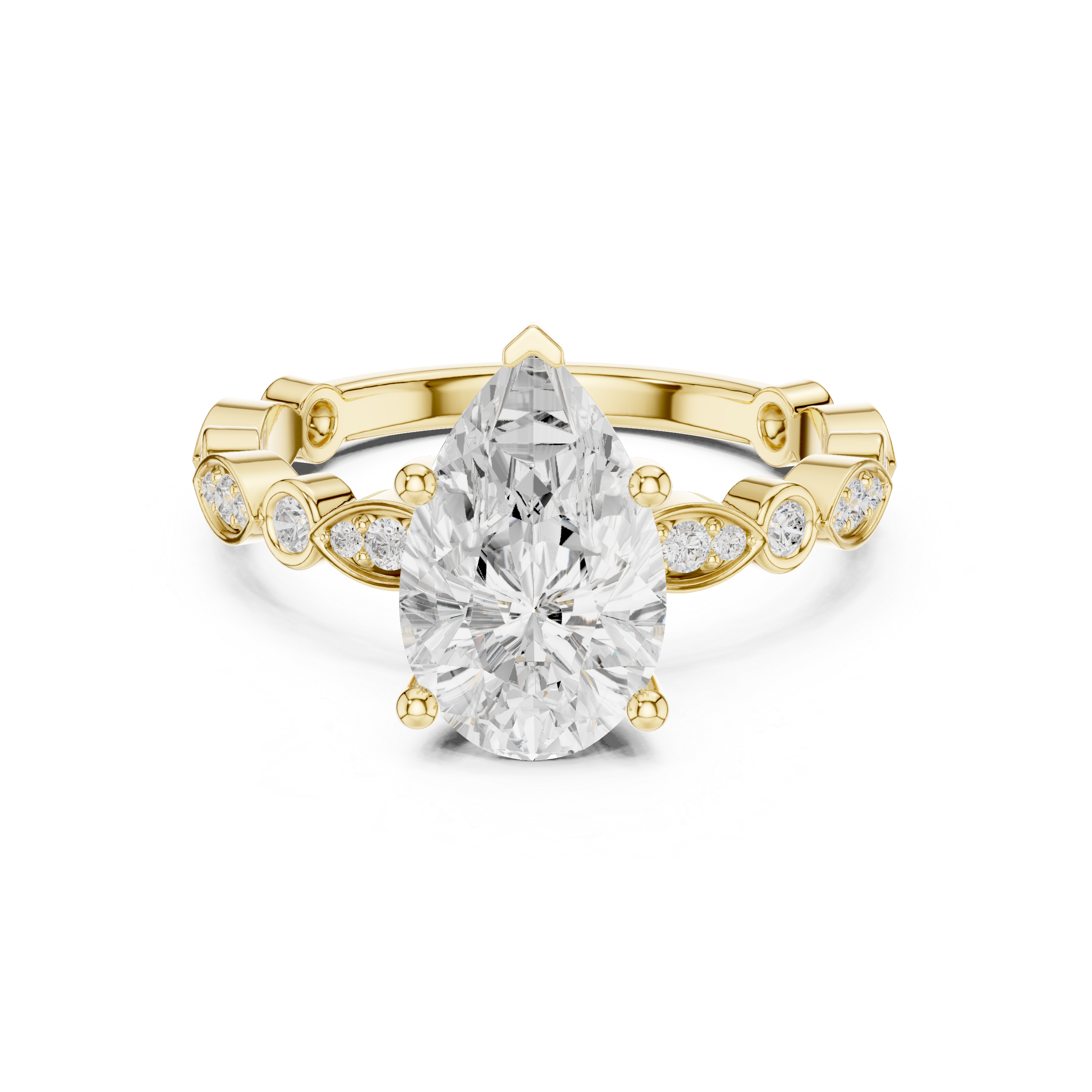Pear Diamond Ring With Alternating Round & Marquise Shaped Bezel Set Band