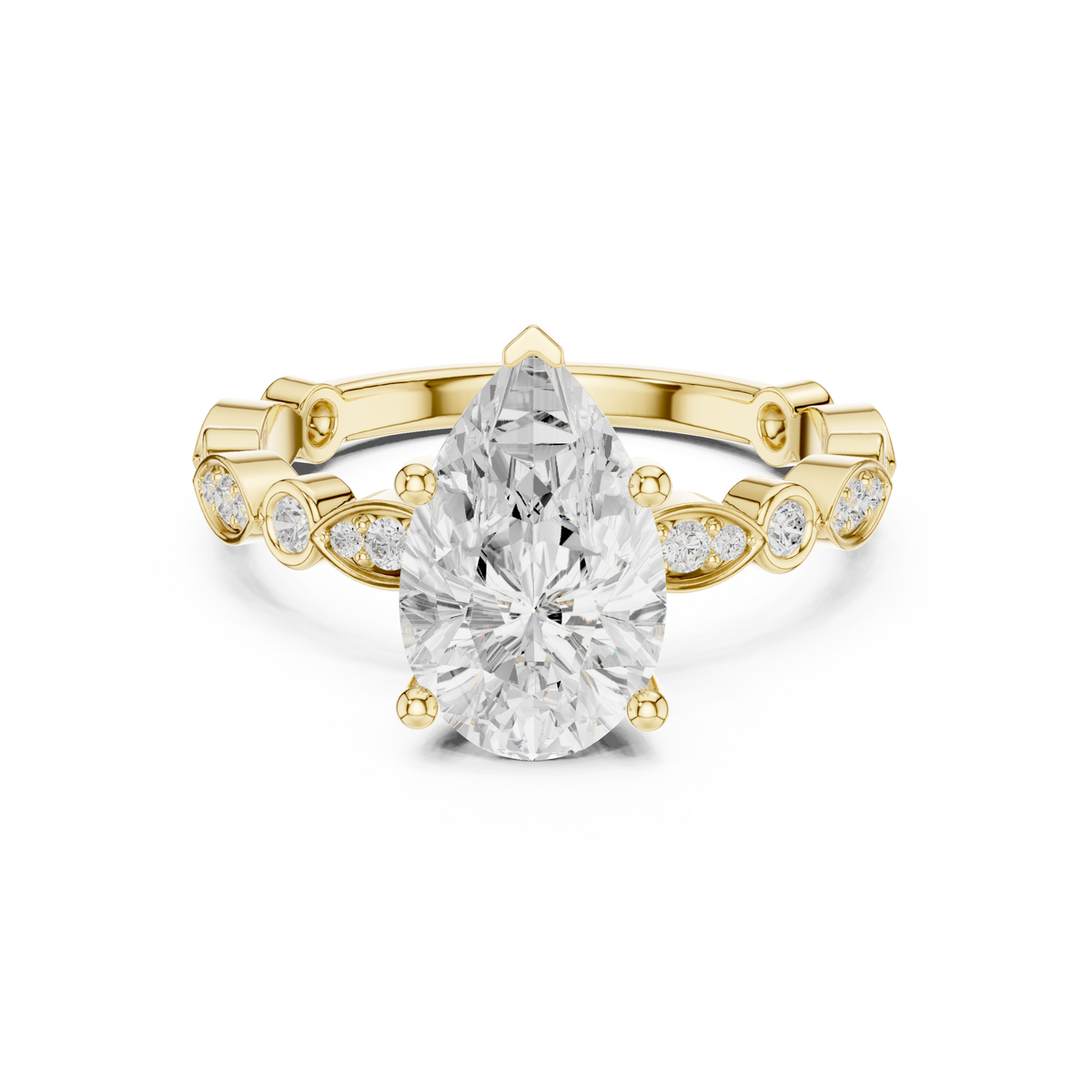 Pear Diamond Ring With Alternating Round & Marquise Shaped Bezel Set Band