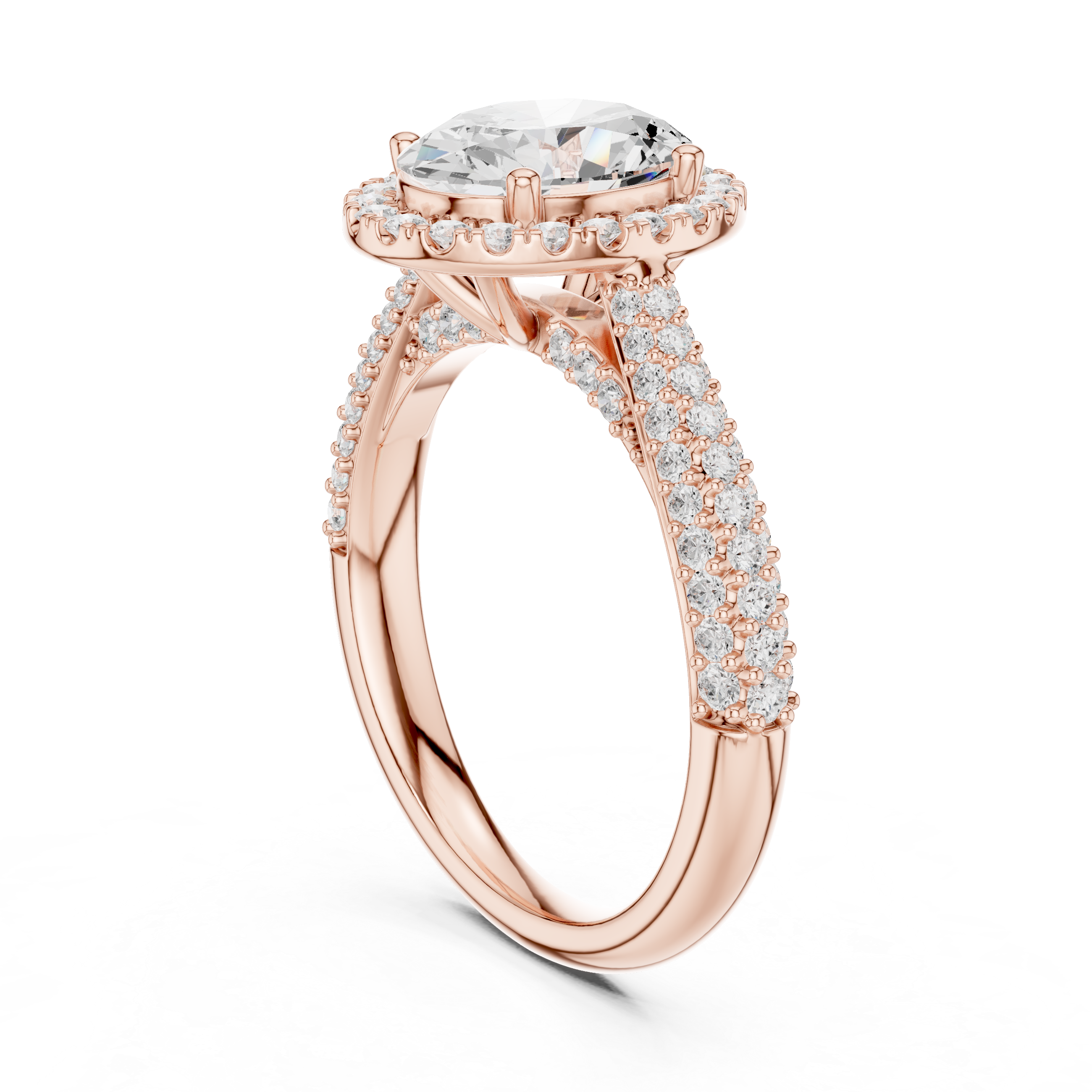 Oval Brilliant Halo Diamond Three Row Pave Set Wedding Ring