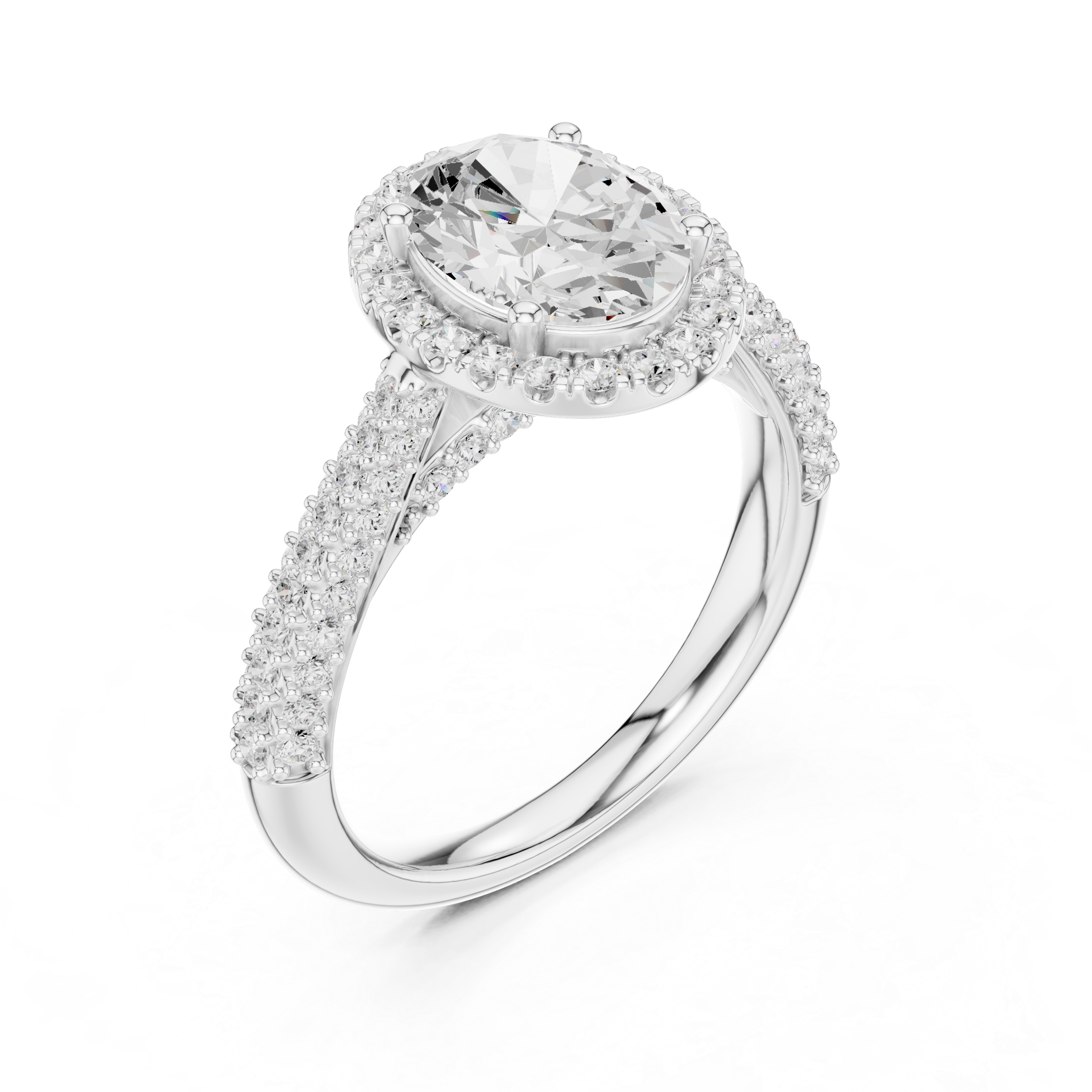 Oval Brilliant Halo Diamond Three Row Pave Set Wedding Ring