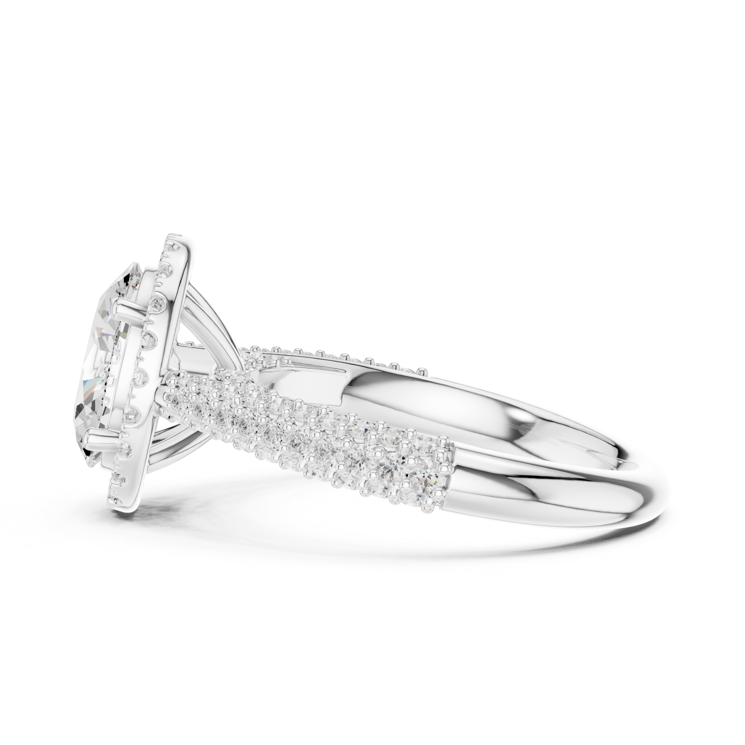 Oval Brilliant Halo Diamond Three Row Pave Set Wedding Ring