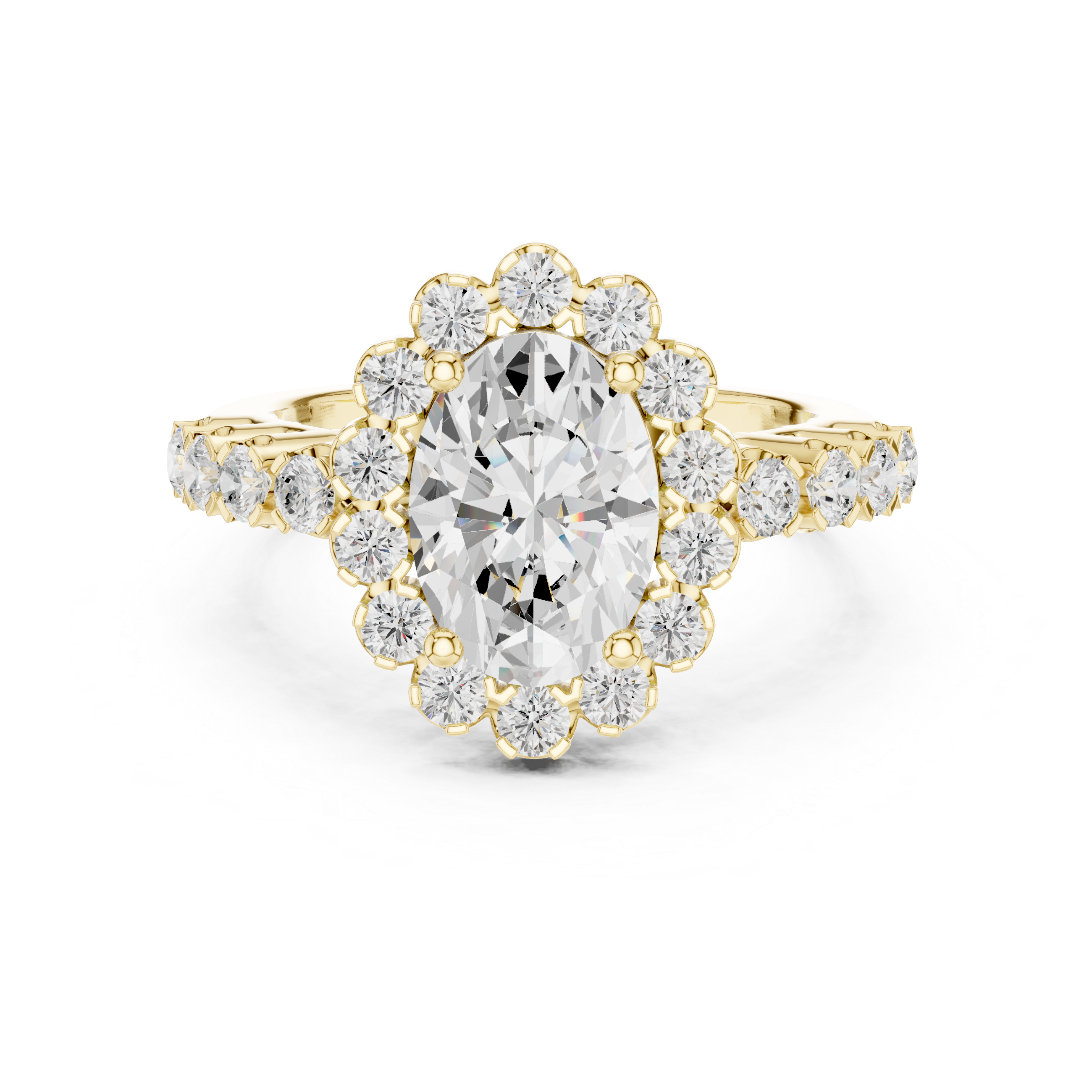 Oval Cut Halo Diamond Floral Sunburst Bridal Ring