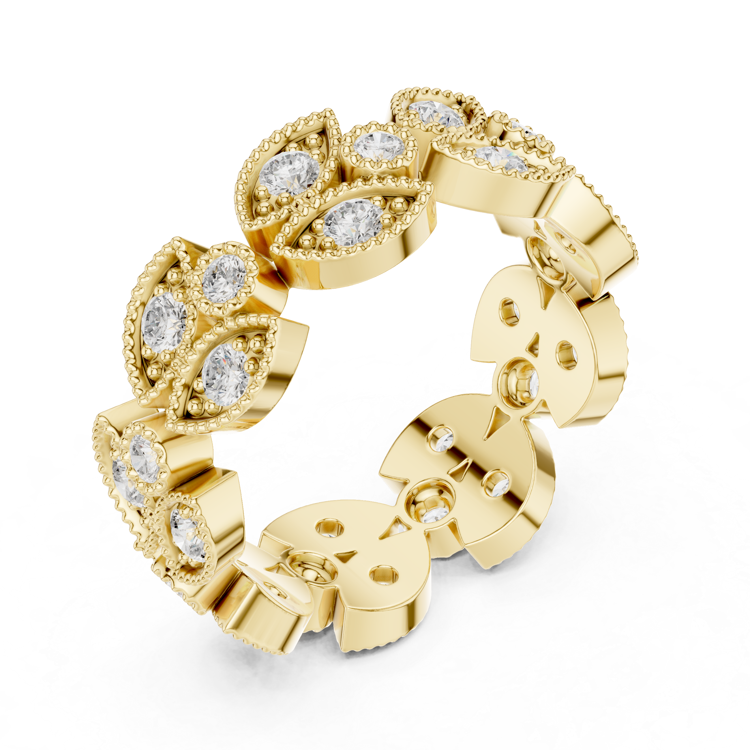 Vintage Round Diamond Milgrain Leaf Cluster Band