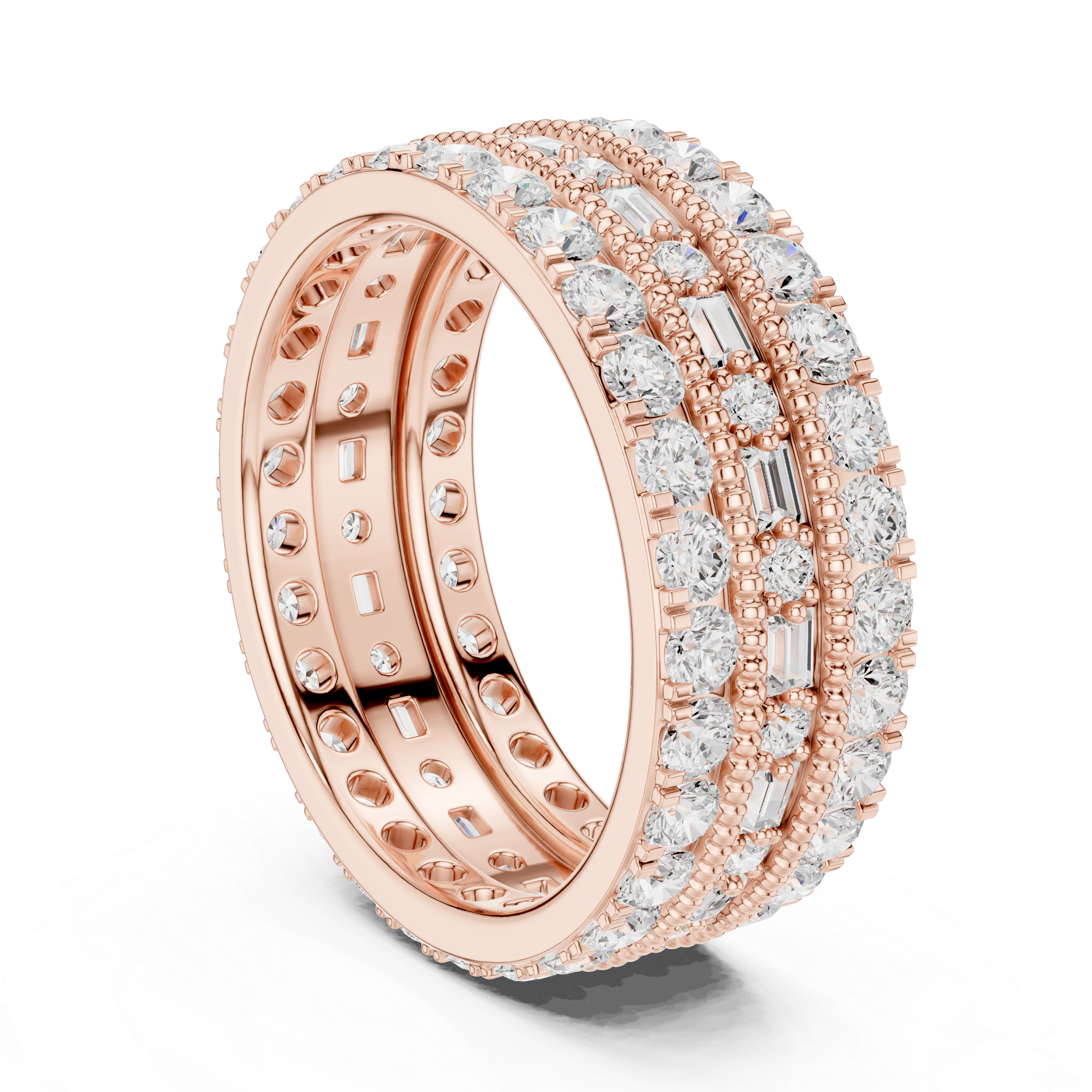 Round and Baguette Diamond Triple Row Engagement Band