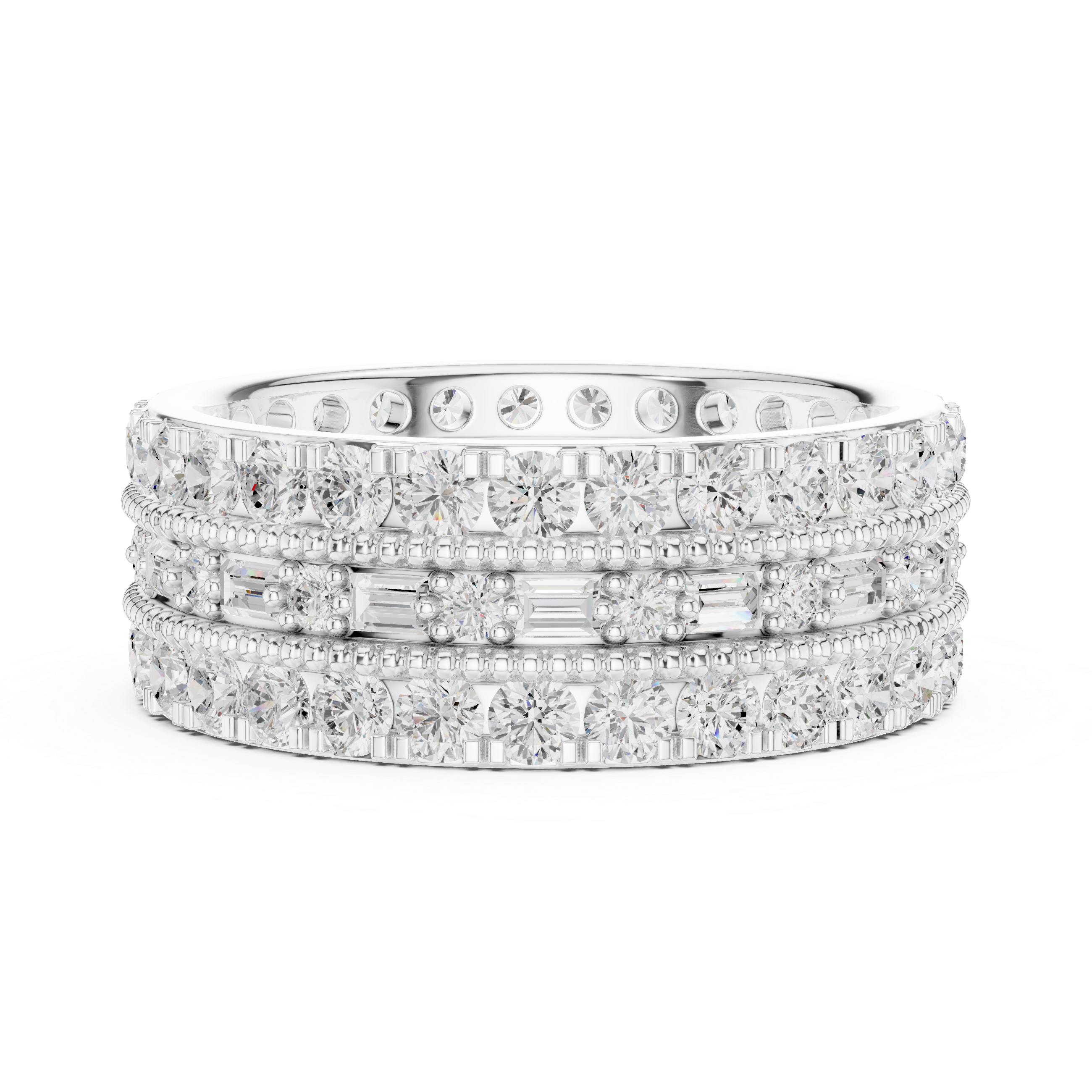 Round and Baguette Diamond Triple Row Engagement Band