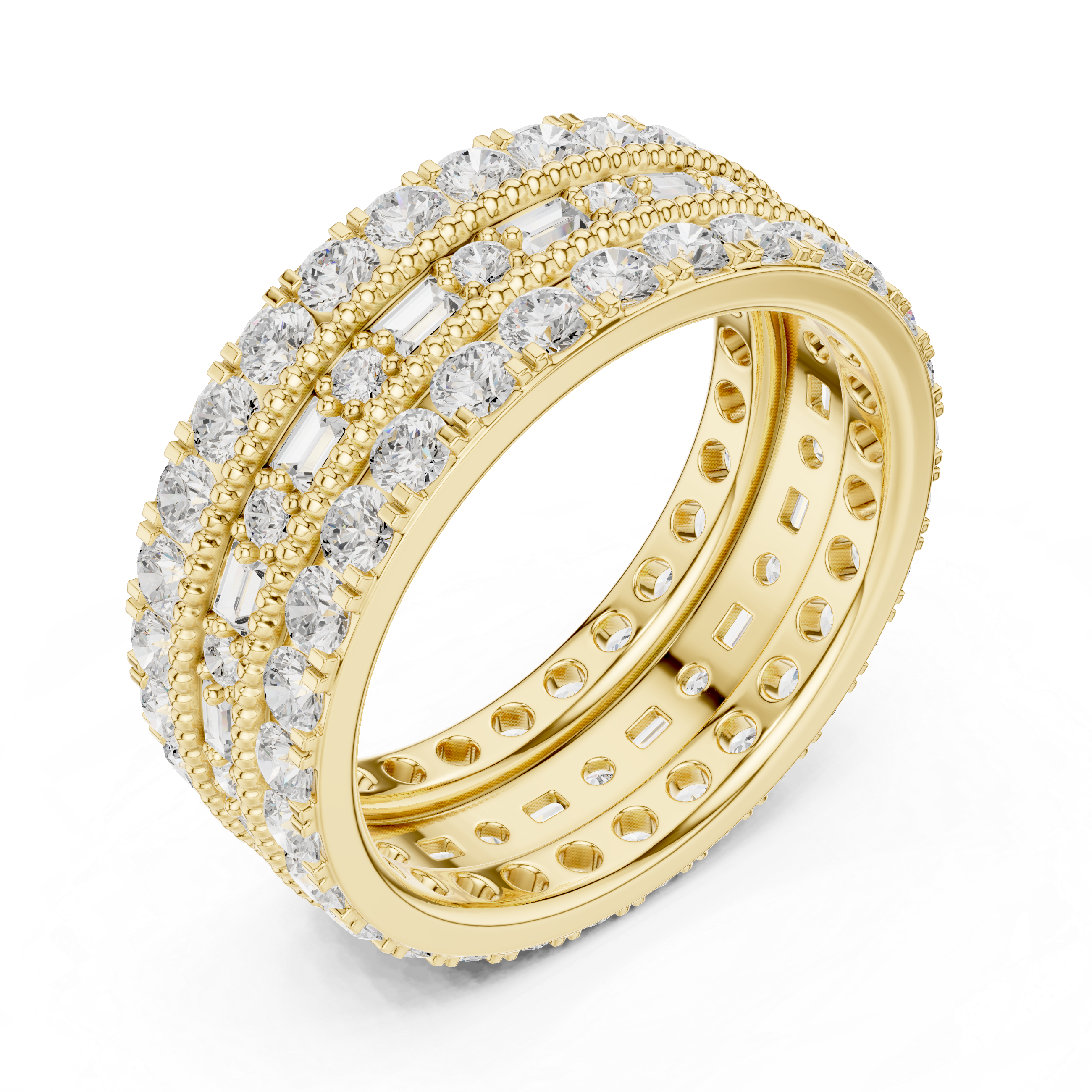 Round and Baguette Diamond Triple Row Engagement Band