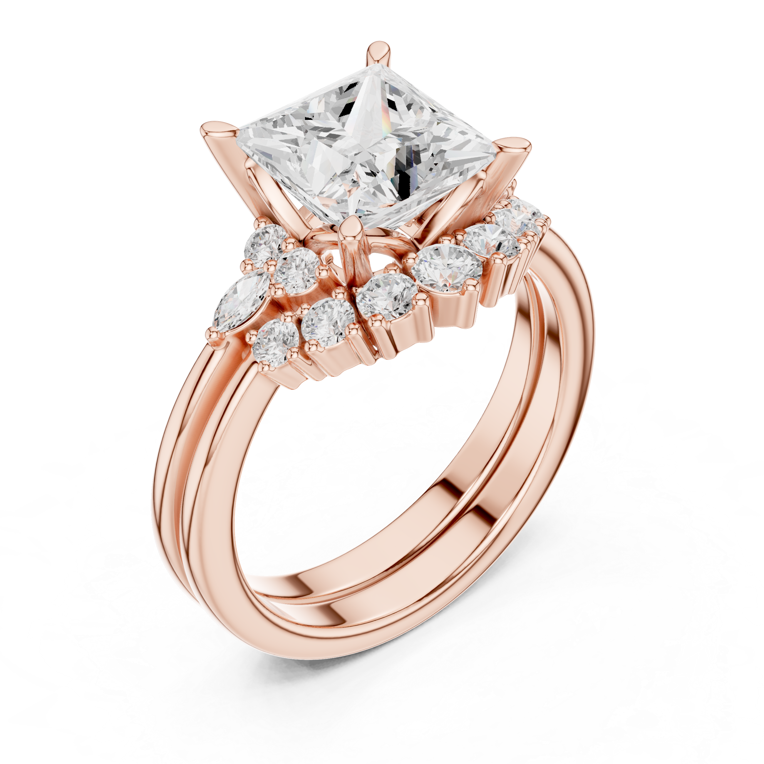 Classic Princess Bridal Ring Set With Curved Wedding Band