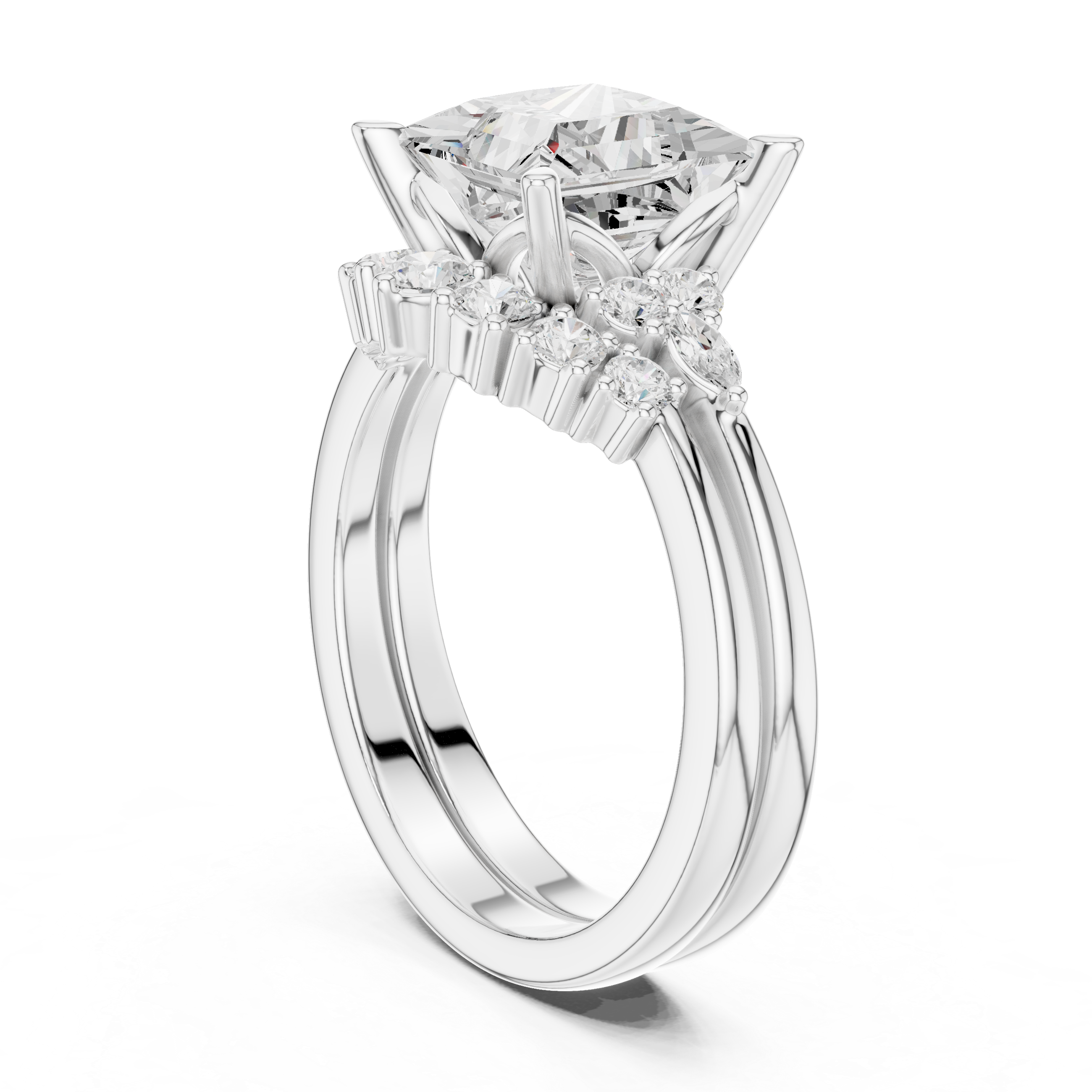 Classic Princess Bridal Ring Set With Curved Wedding Band