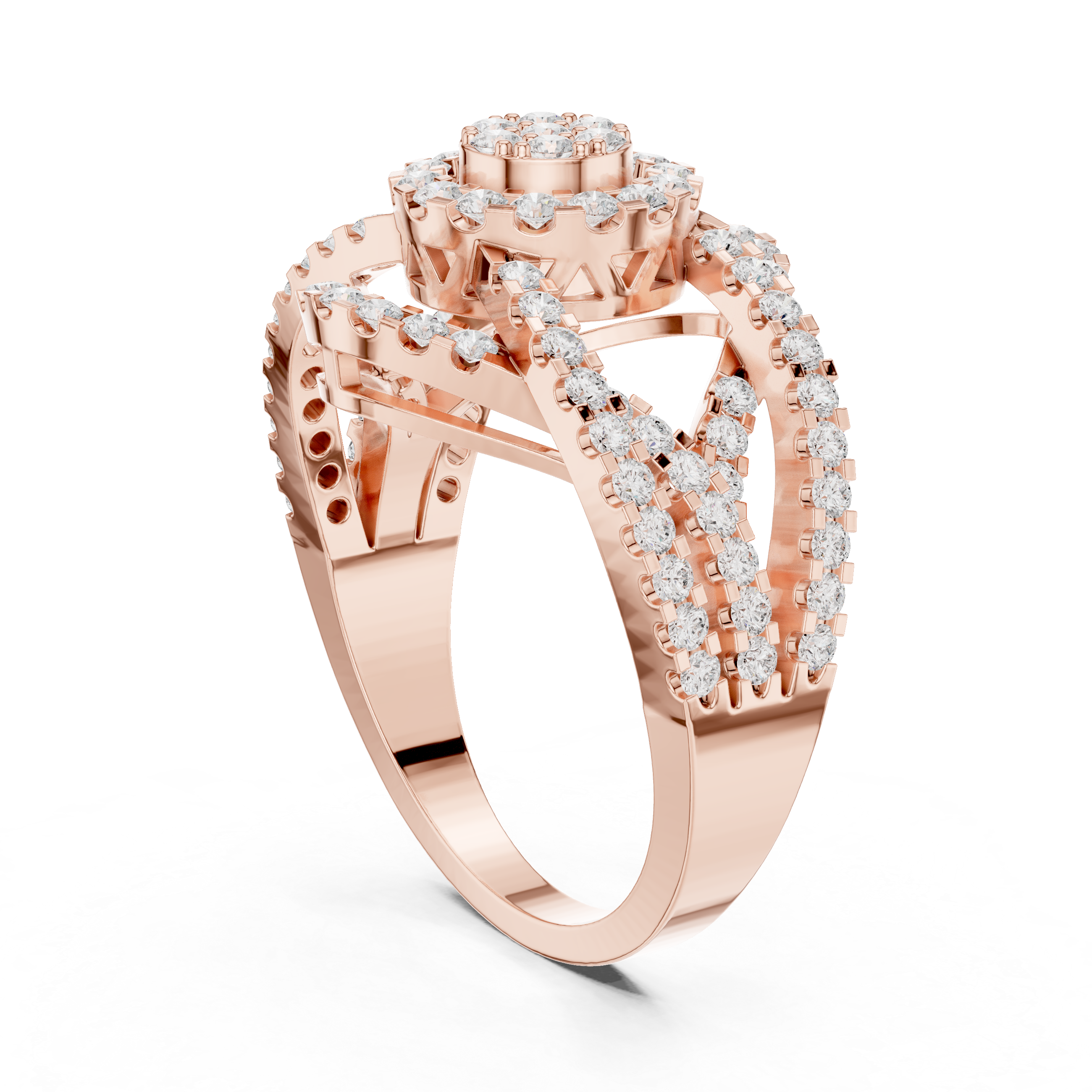 Round Halo Diamond Ring With Triple Row Criss Cross Shank