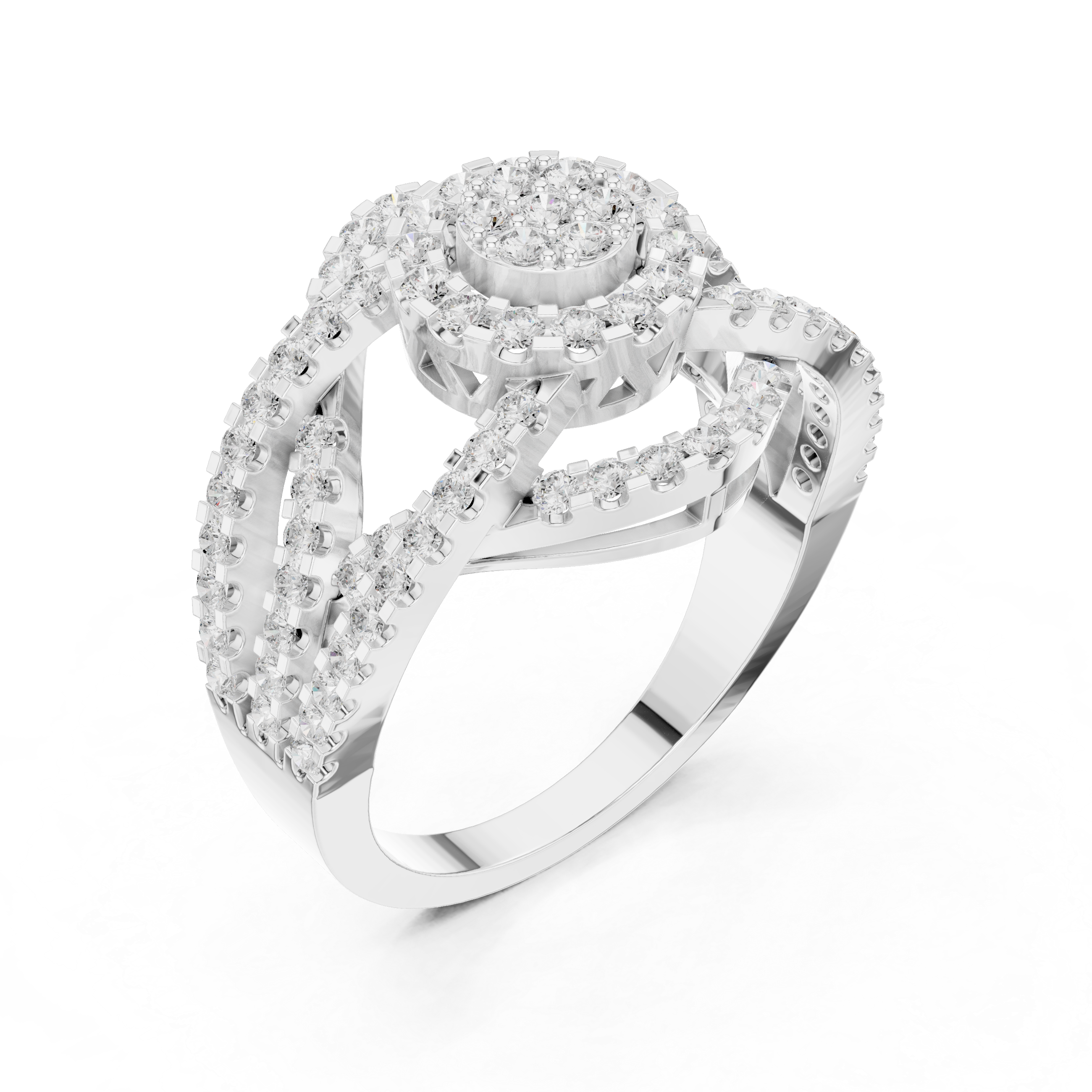Round Halo Diamond Ring With Triple Row Criss Cross Shank