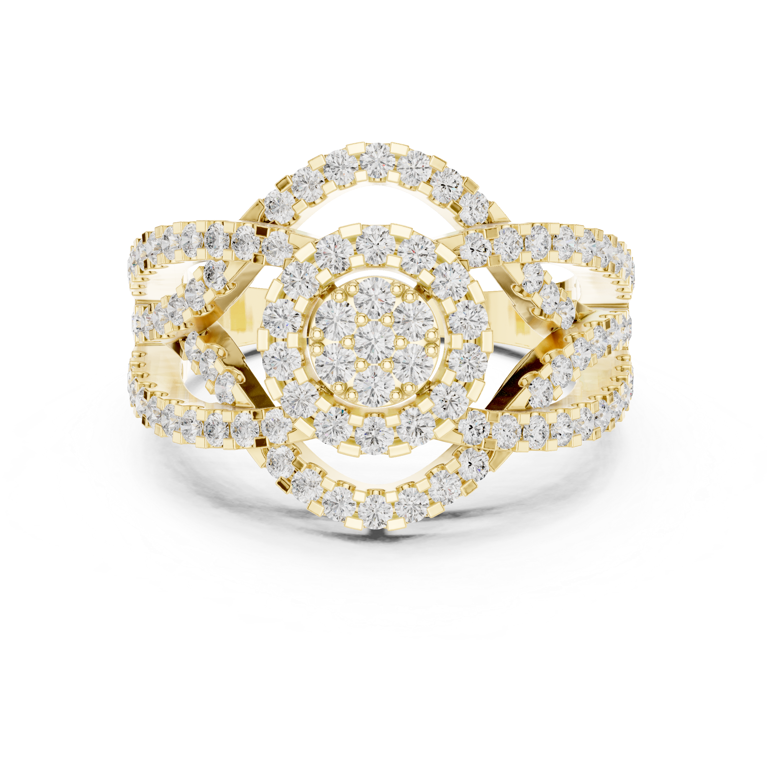 Round Halo Diamond Ring With Triple Row Criss Cross Shank
