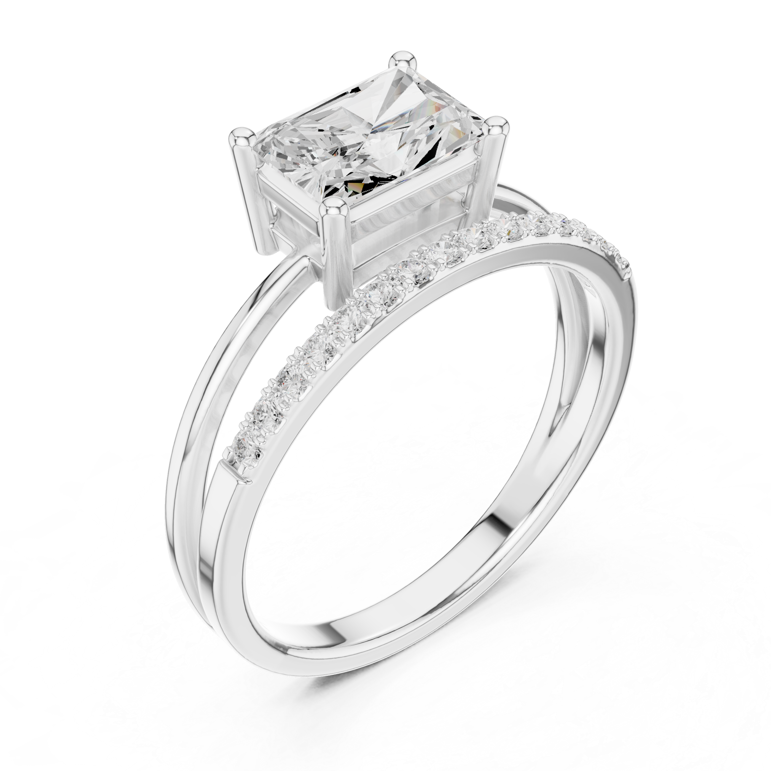 East West Radiant Cut Diamond Split Shank Engagement Ring